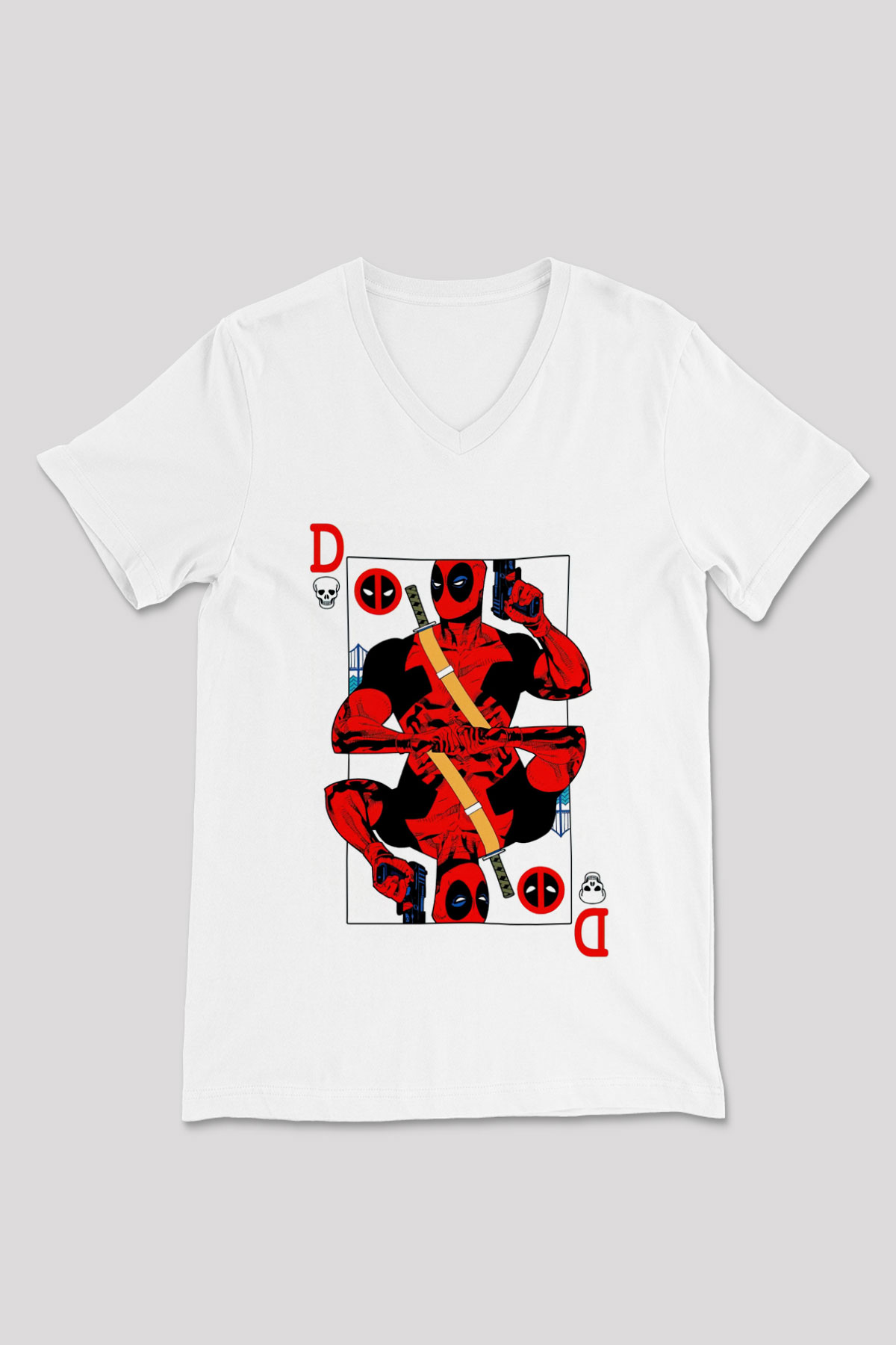 Deadpool Kartı Baskılı Unisex Beyaz  V Yaka Tişört