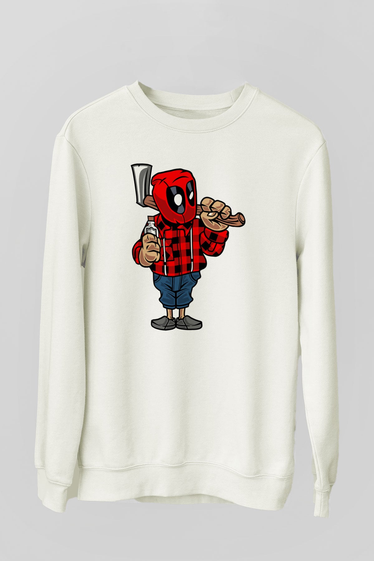 Deadpool Lumberjack Baskılı Unisex Beyaz Sweatshirt