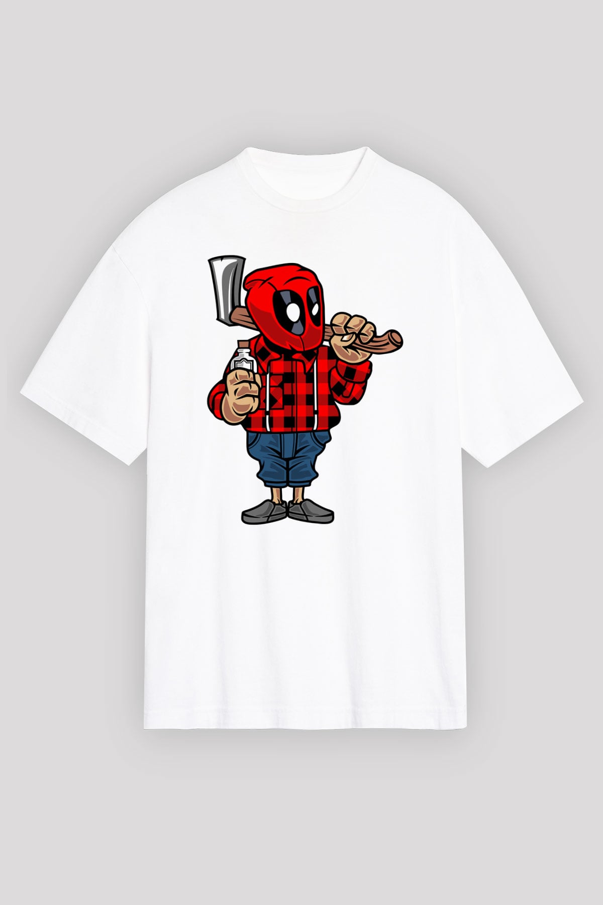 Deadpool Lumberjack Baskılı Unisex Beyaz Oversize Tişört