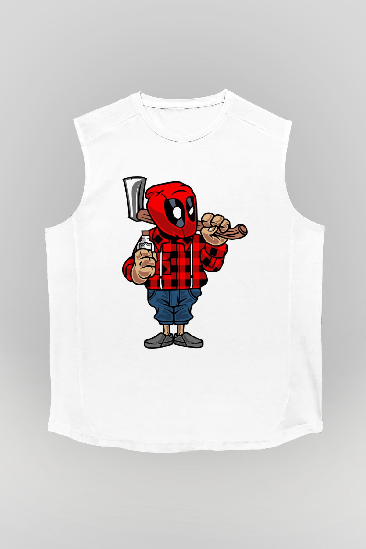 Deadpool Lumberjack Baskılı Unisex Beyaz Kolsuz Tişört