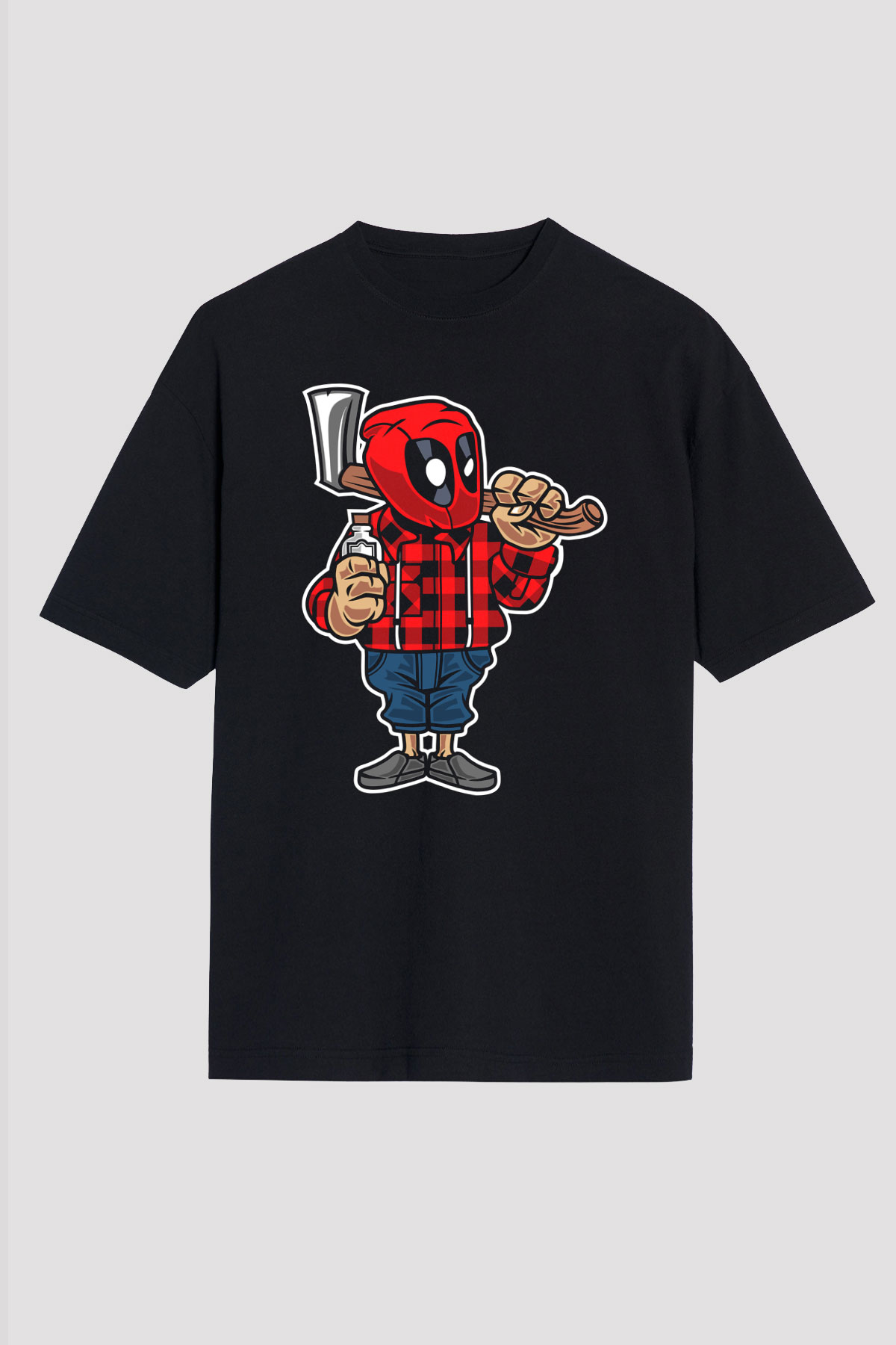 Deadpool Lumberjack Baskılı Unisex Siyah Oversize Tişört