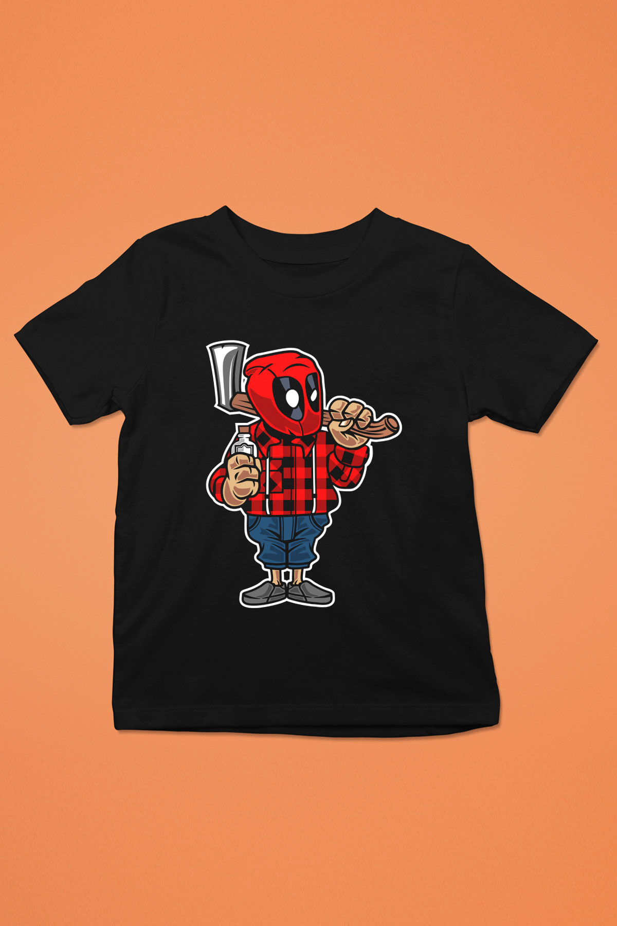Deadpool Lumberjack Baskılı Unisex Siyah Çocuk Tişört