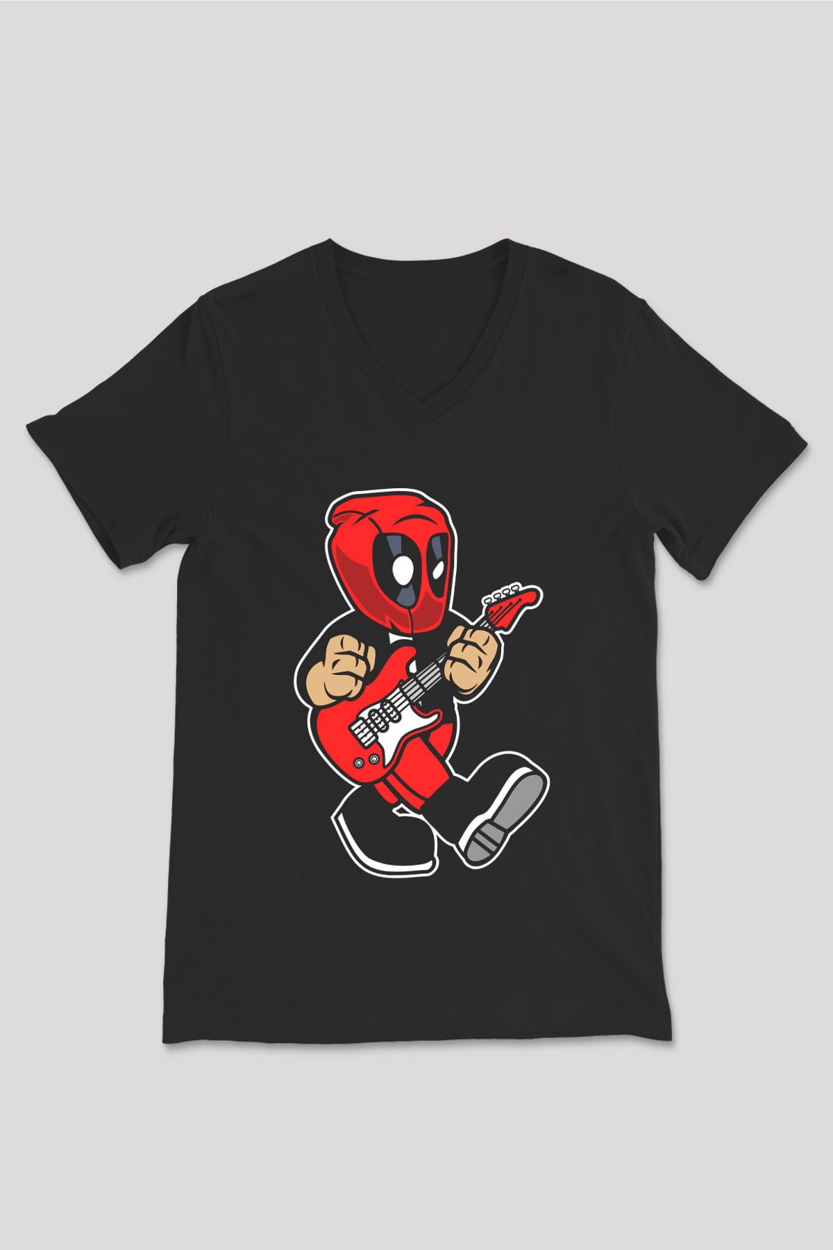 Deadpool Rockstar Baskılı Unisex Siyah V Yaka Tişört