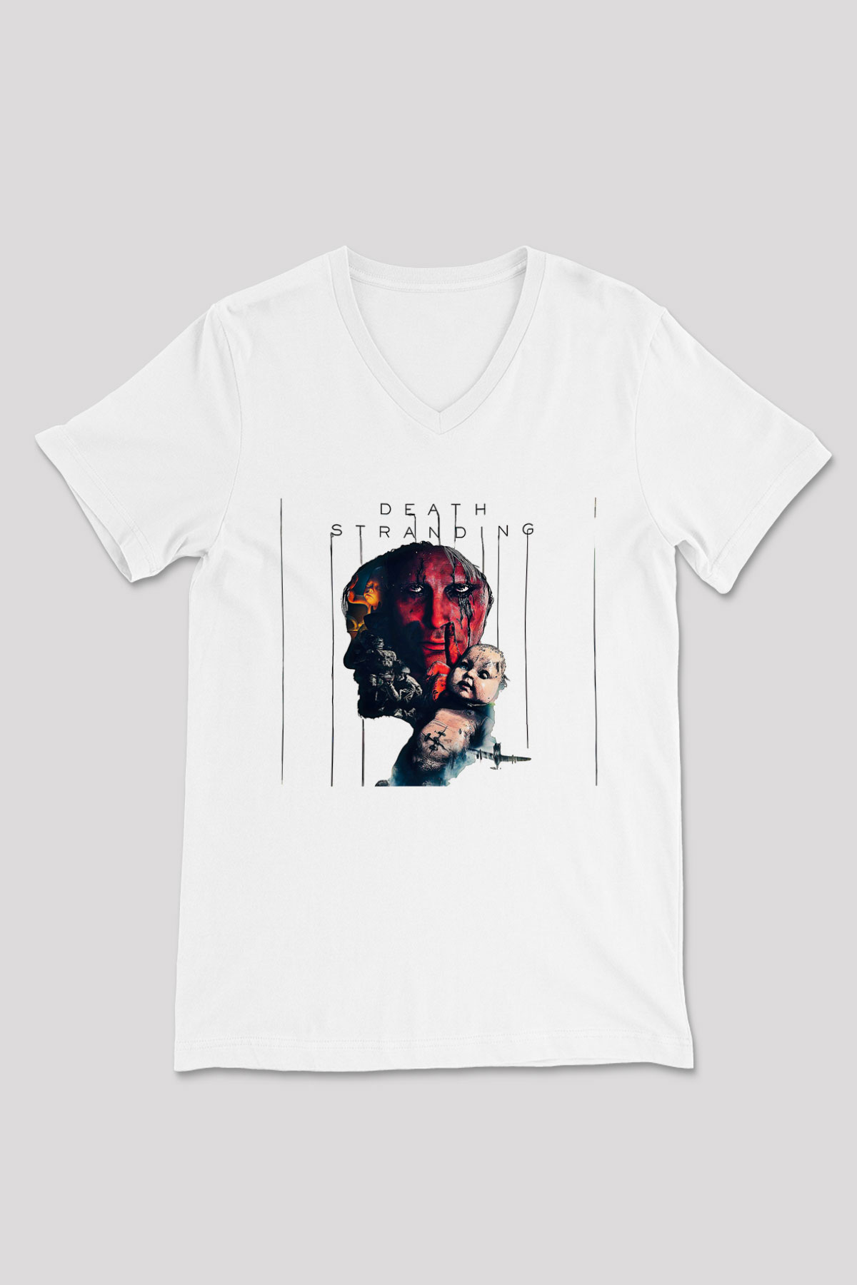 Death Stranding Baskılı Beyaz Unisex V Yaka Tişört - Tshirt