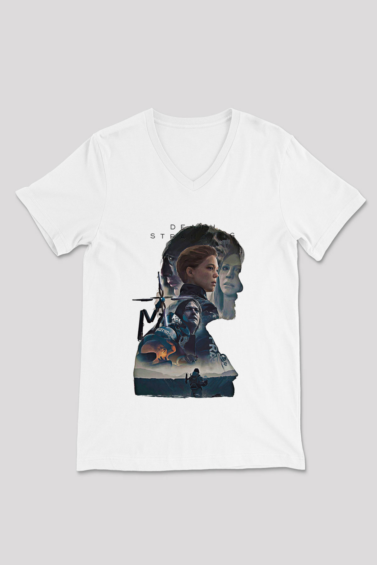 Death Stranding Baskılı Beyaz Unisex V Yaka Tişört - Tshirt