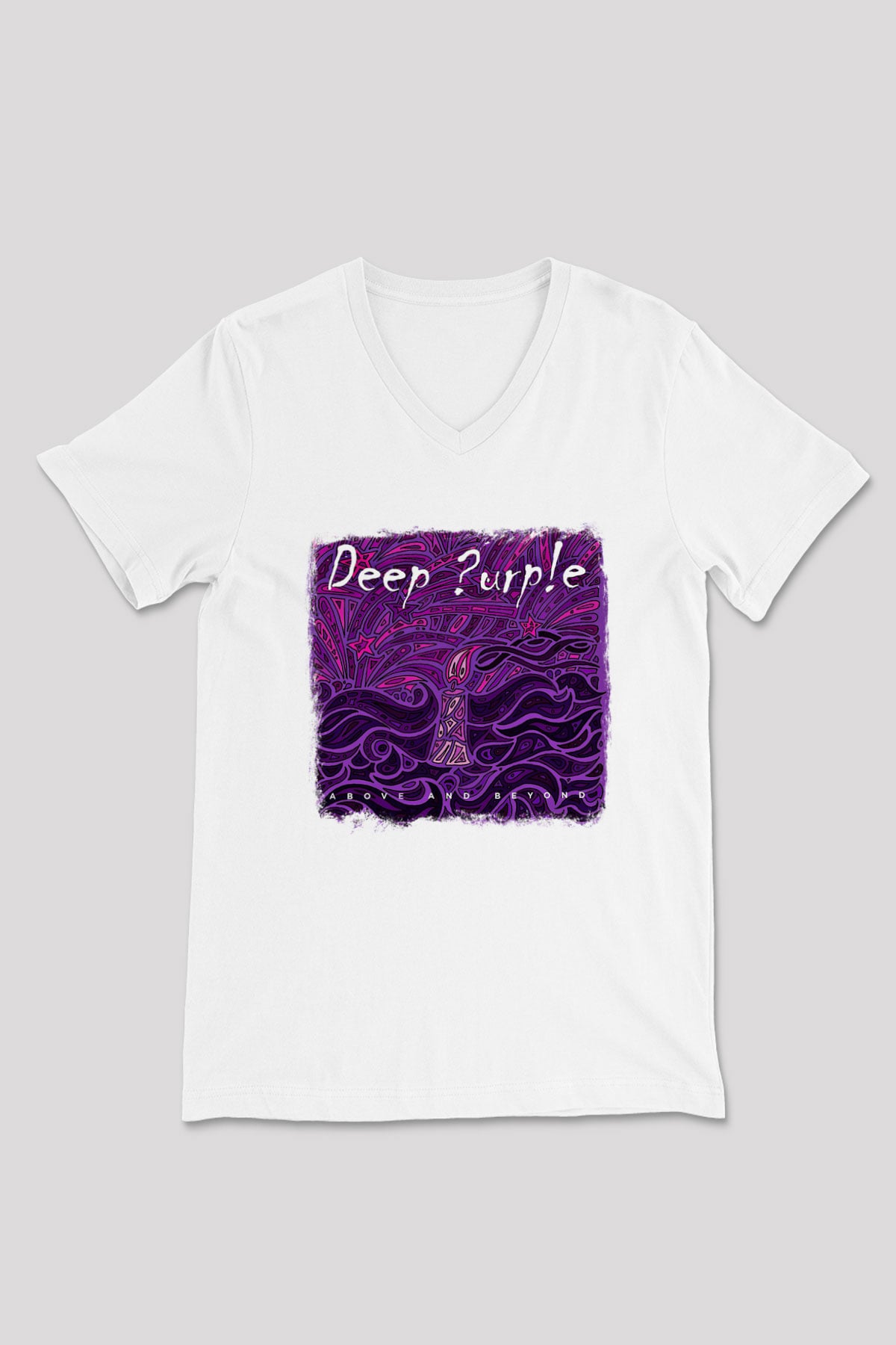 Deep Purple Baskılı Unisex Beyaz V Yaka Tişört