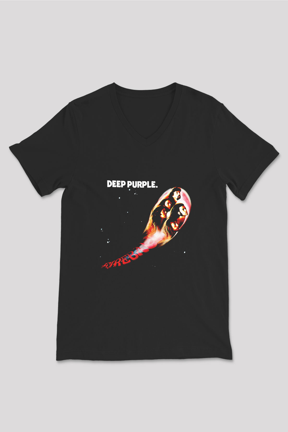 Deep Purple Baskılı Unisex Siyah V Yaka Tişört