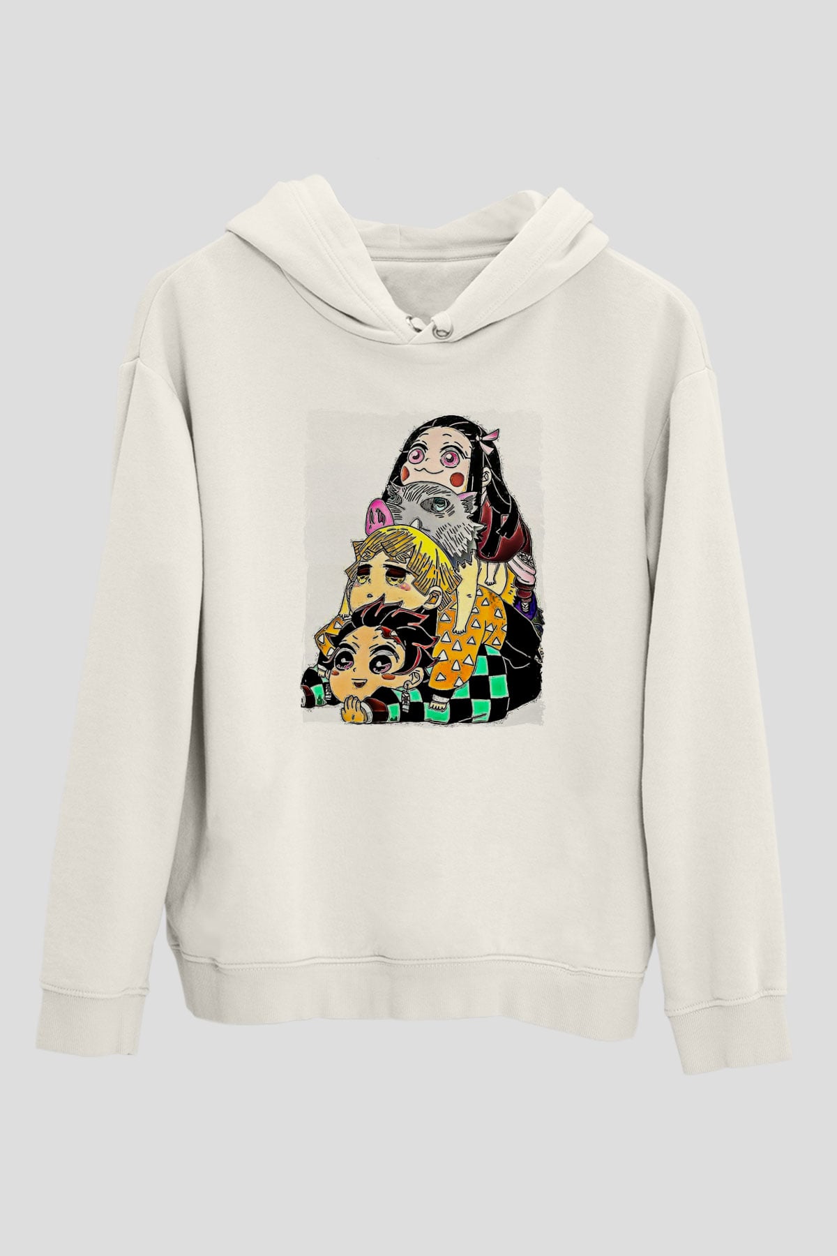 Demon Slayer Baskılı Beyaz Unisex Hoodie