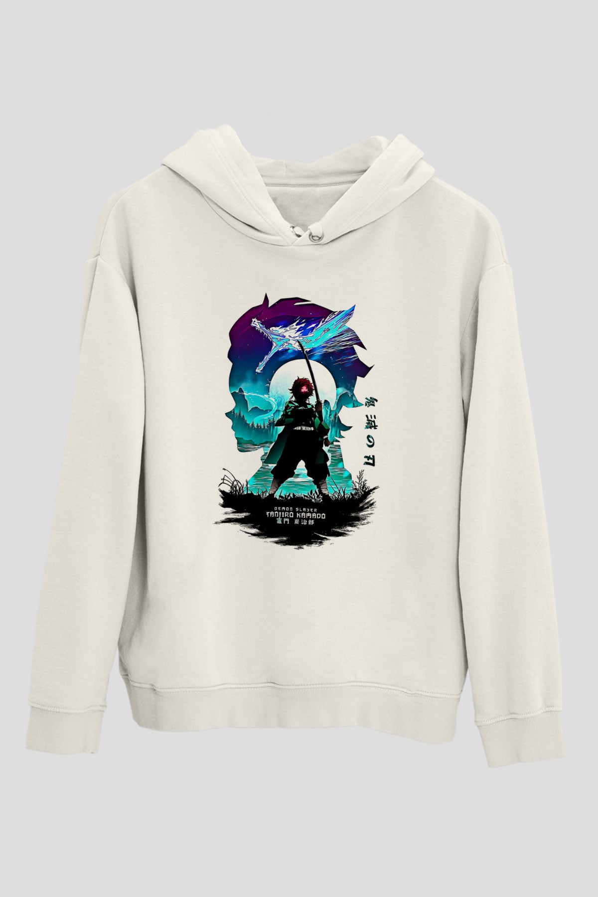 Demon Slayer Baskılı Beyaz Unisex Hoodie