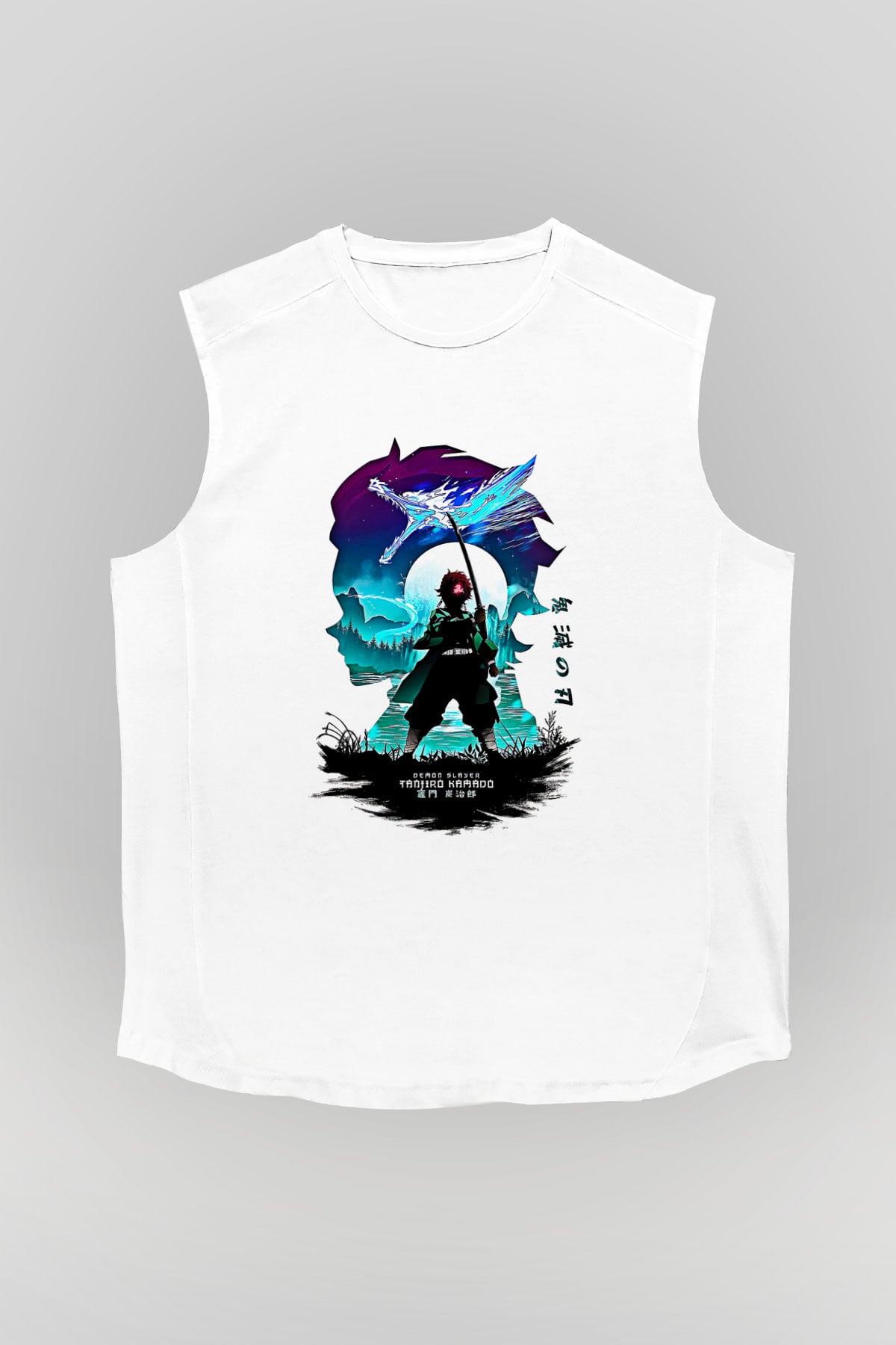 Demon Slayer Baskılı Beyaz Unisex Kolsuz Tişört - Tshirt