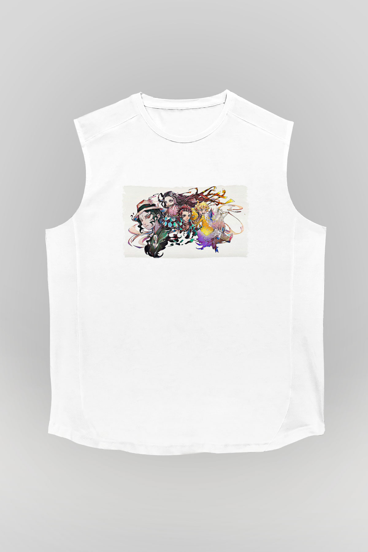 Demon Slayer Baskılı Beyaz Unisex Kolsuz Tişört - Tshirt