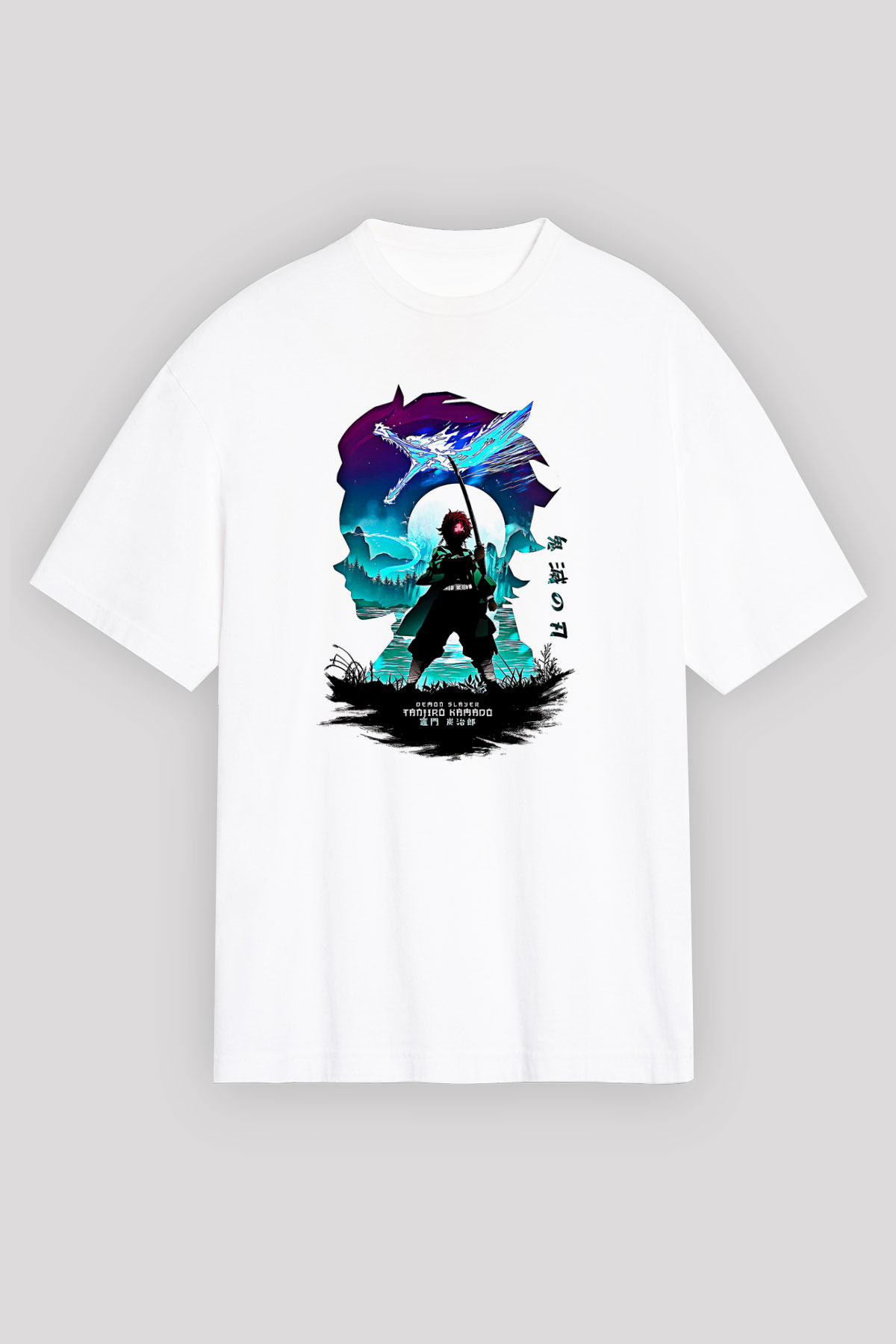 Demon Slayer Baskılı Beyaz Unisex Oversize Tişört - Tshirt