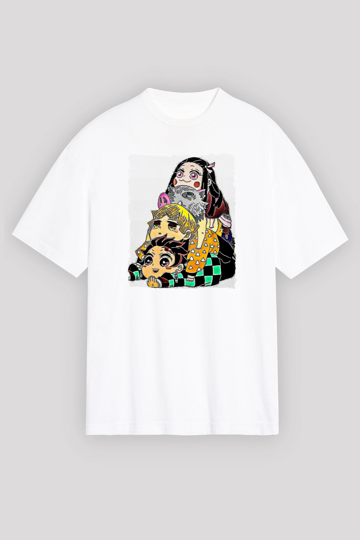 Demon Slayer Baskılı Beyaz Unisex Oversize Tişört - Tshirt