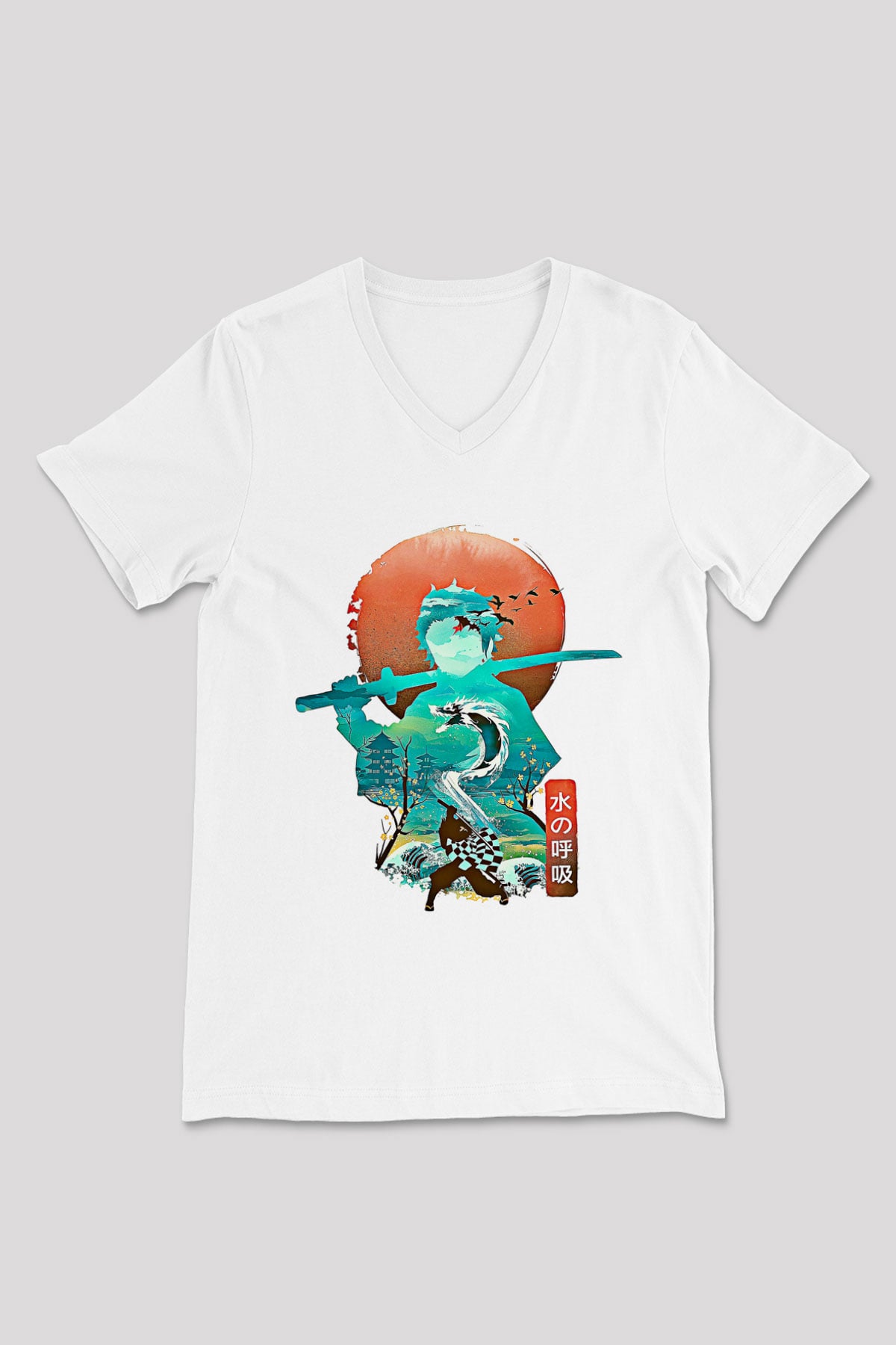 Demon Slayer Baskılı Beyaz Unisex V Yaka Tişört - Tshirt
