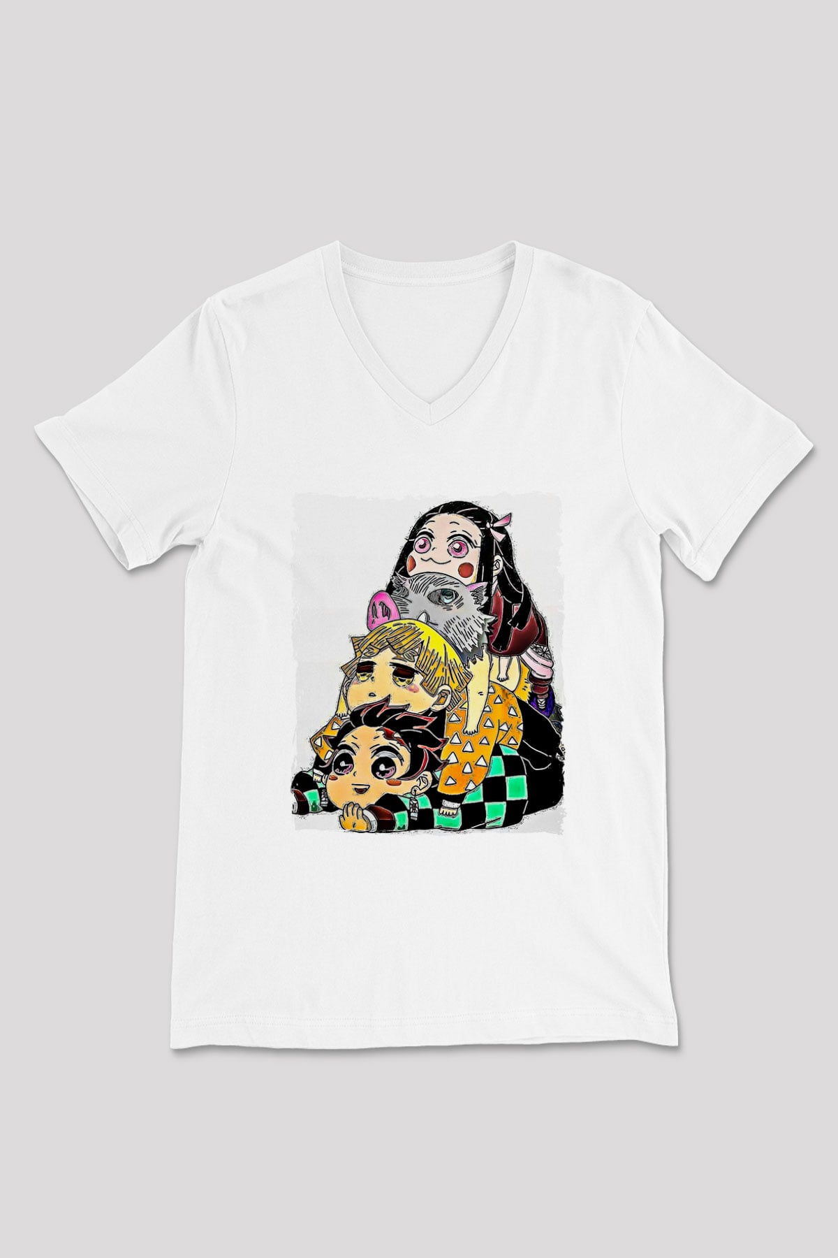 Demon Slayer Baskılı Beyaz Unisex V Yaka Tişört - Tshirt
