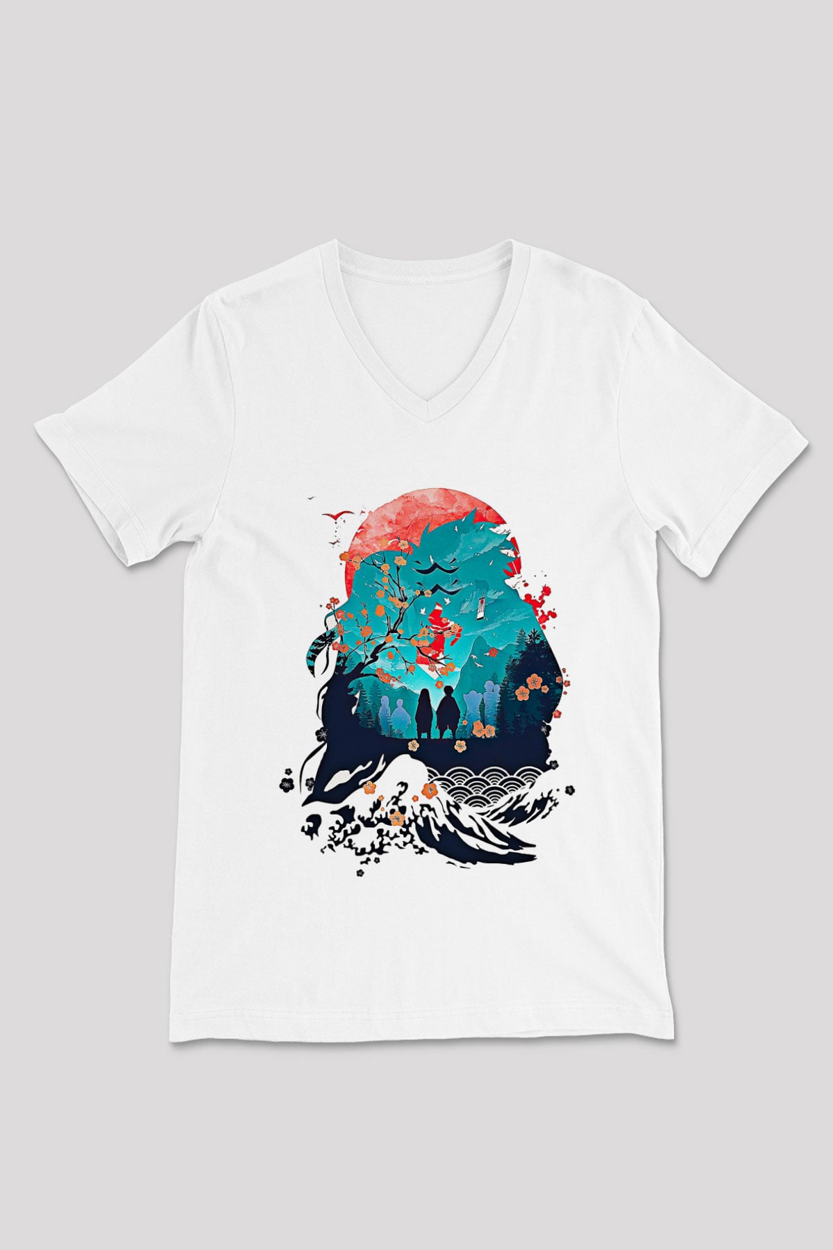 Demon Slayer Baskılı Beyaz Unisex V Yaka Tişört - Tshirt