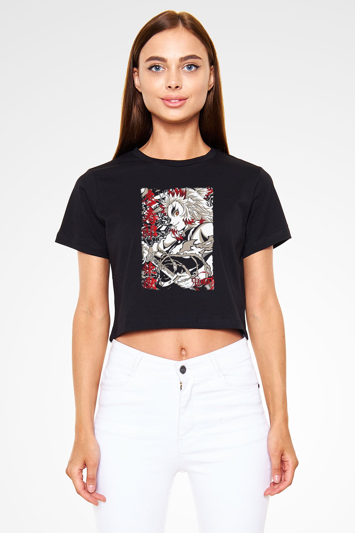 Demon Slayer Baskılı Siyah Crop Top Kadın Tişört - Tshirt