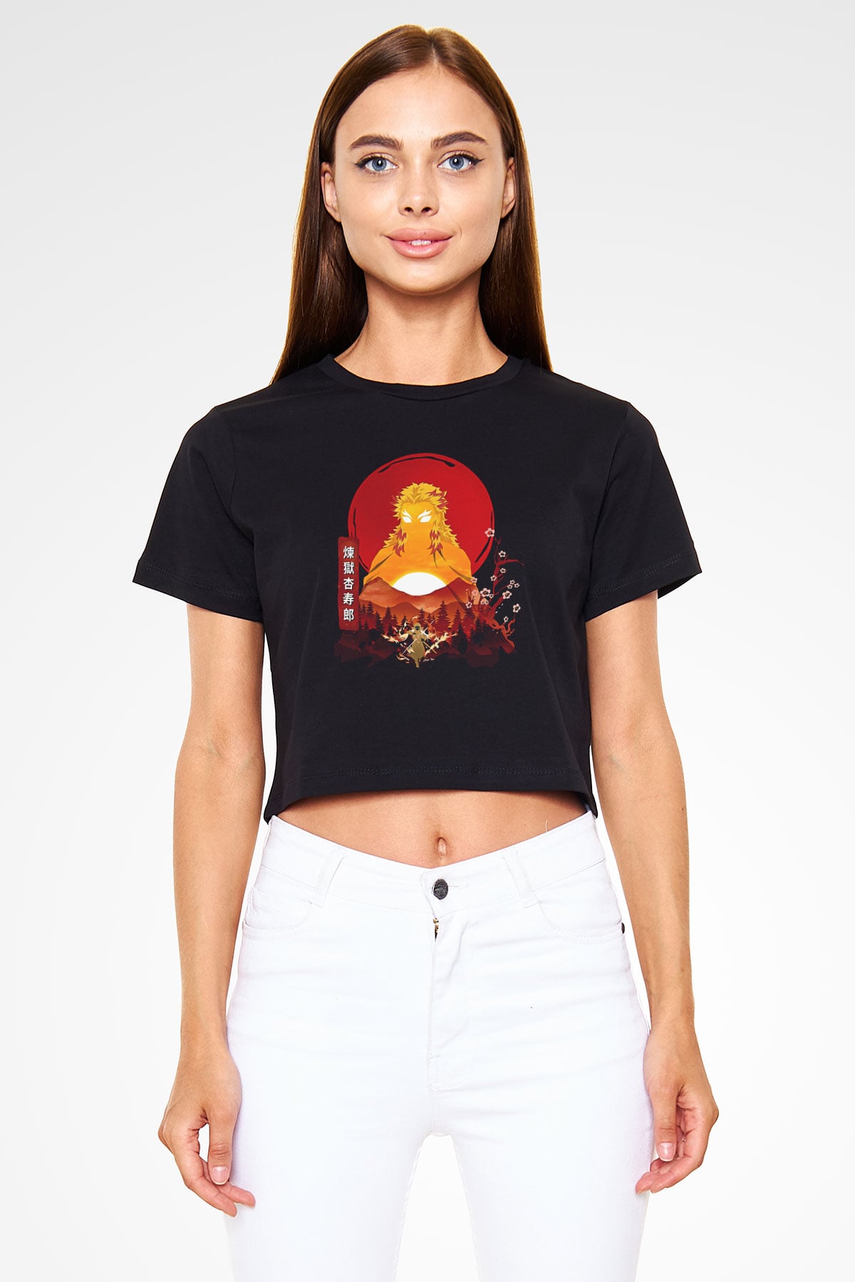 Demon Slayer Baskılı Siyah Crop Top Kadın Tişört - Tshirt