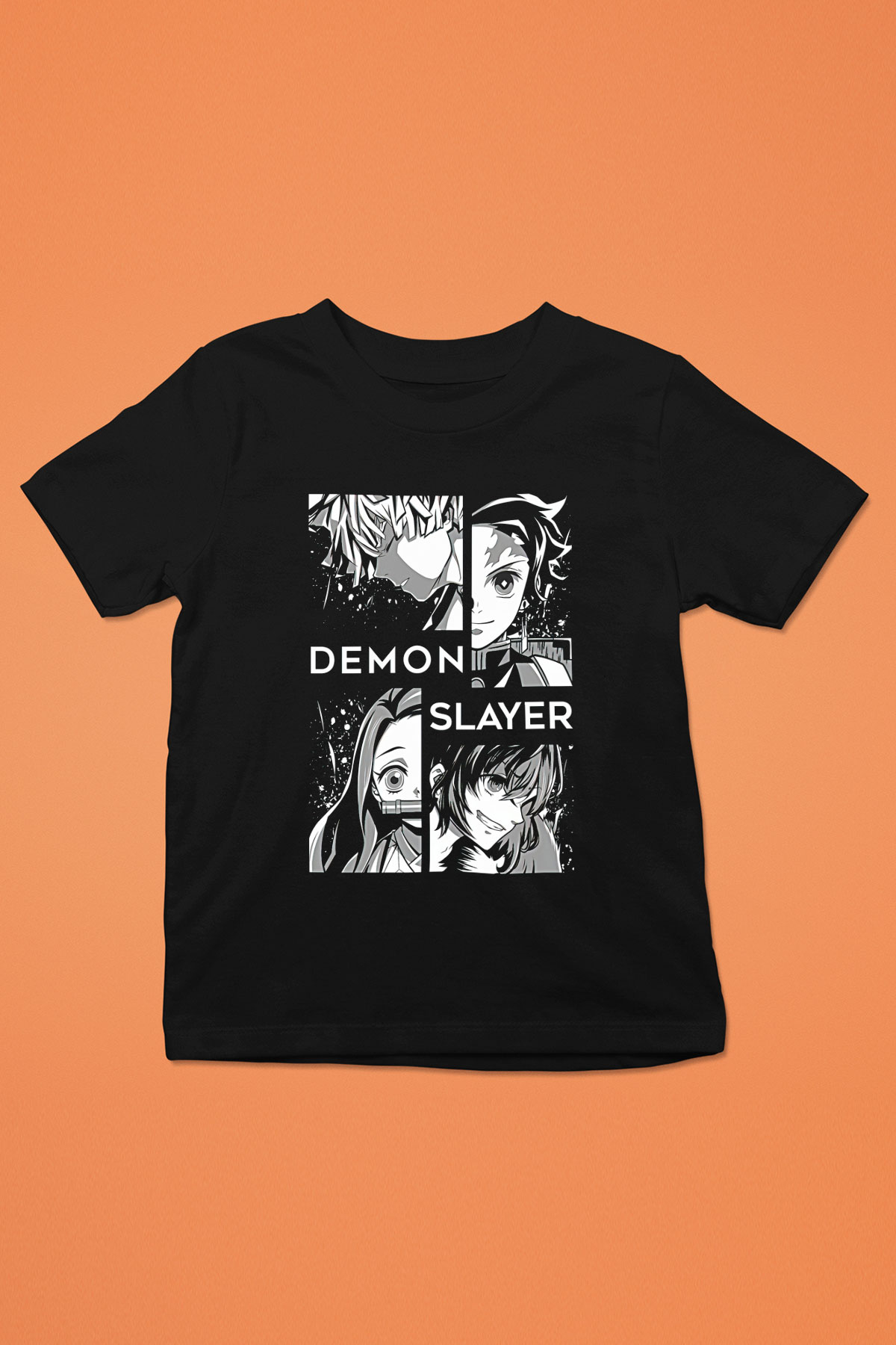 Demon Slayer Baskılı Unisex Siyah Çocuk Tişört - Tshirt