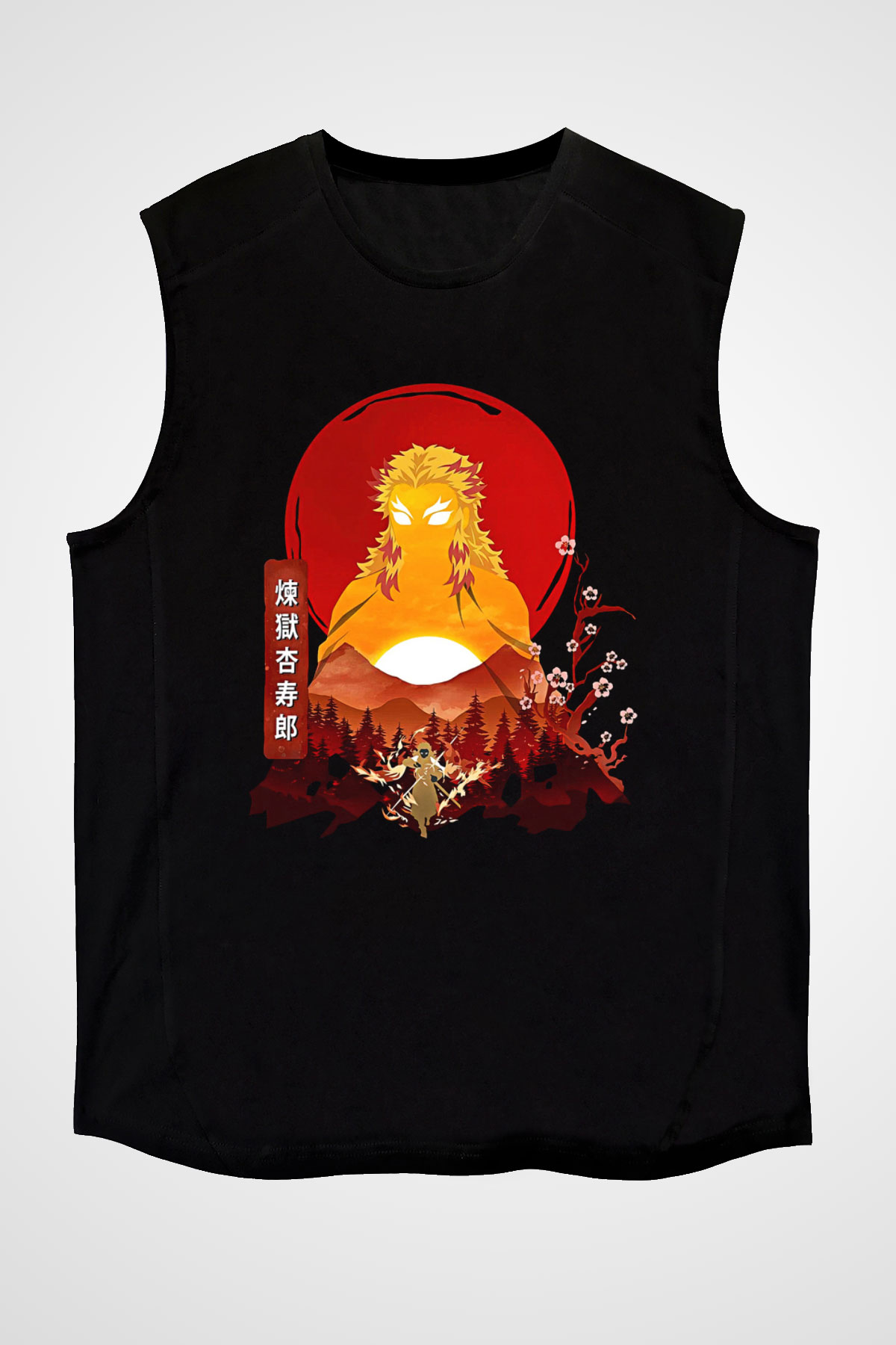 Demon Slayer Baskılı Unisex Siyah Kolsuz Tişört - Tshirt