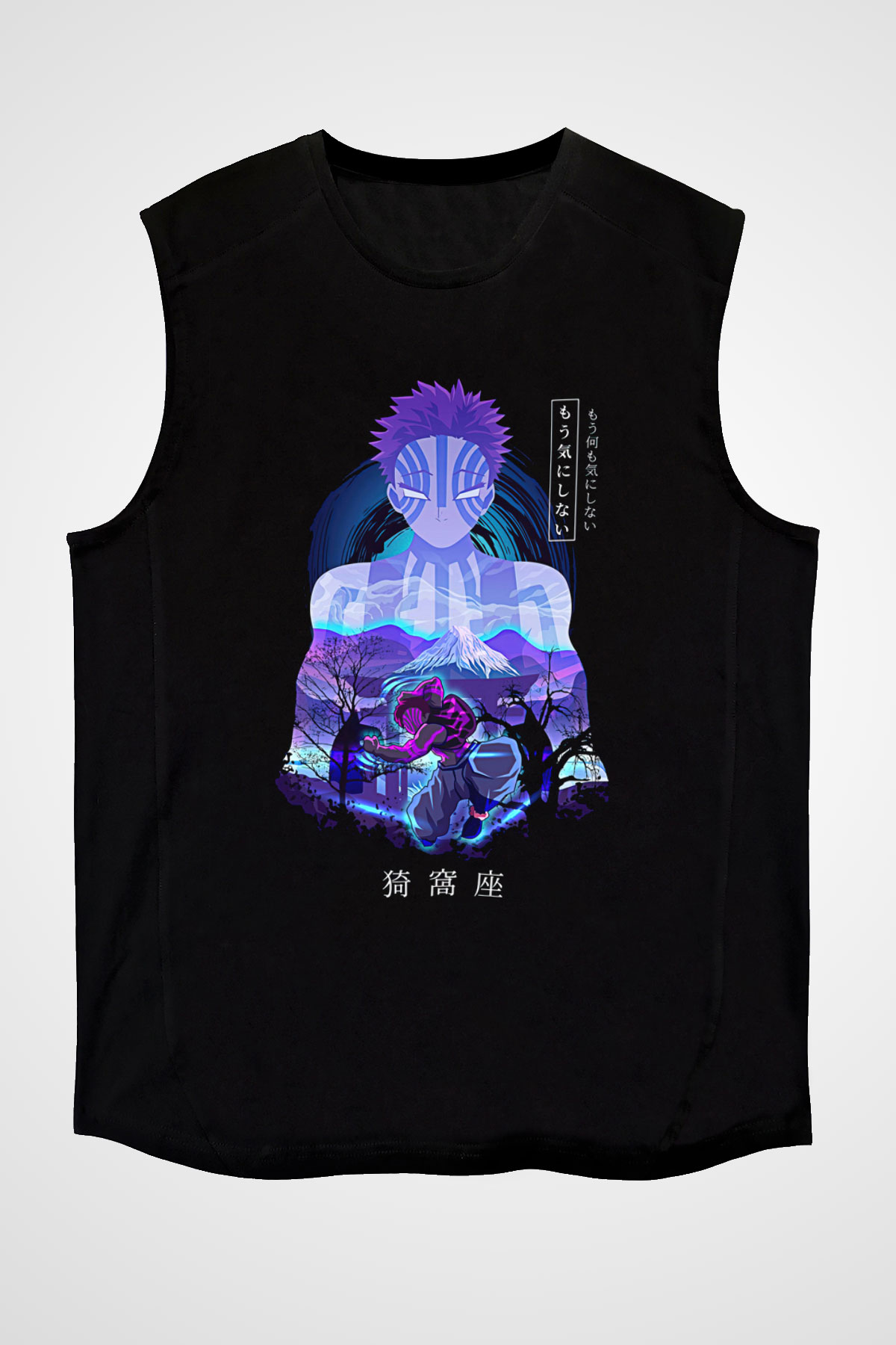 Demon Slayer Baskılı Unisex Siyah Kolsuz Tişört - Tshirt