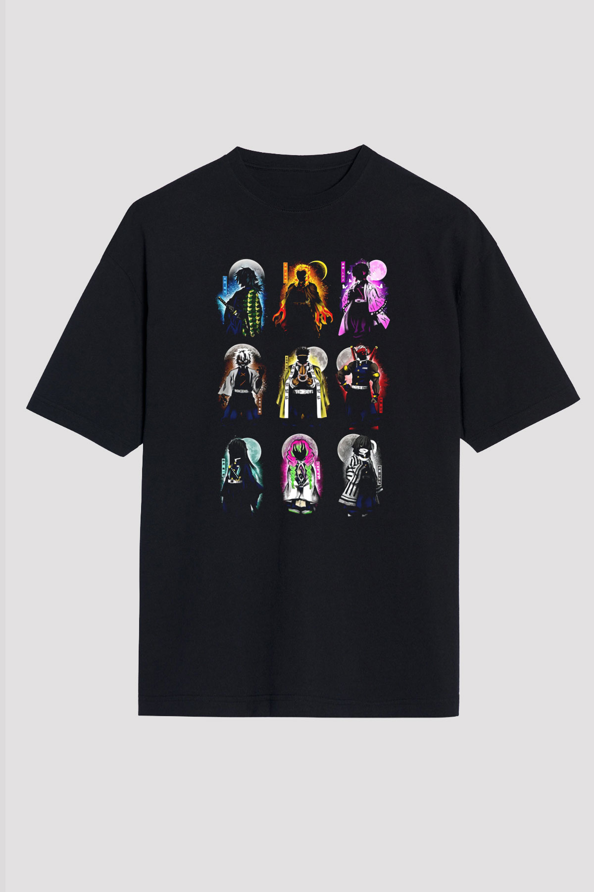 Demon Slayer Baskılı Unisex Siyah Oversize Tişört - Tshirt