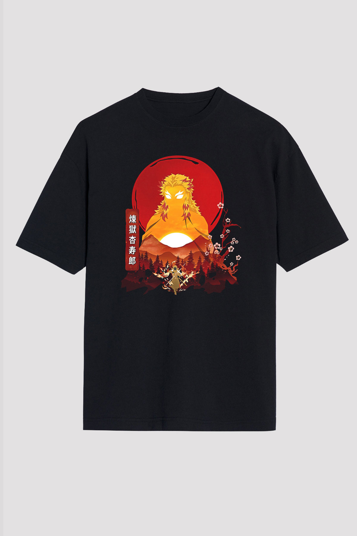 Demon Slayer Baskılı Unisex Siyah Oversize Tişört - Tshirt