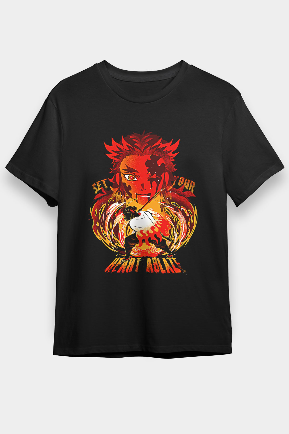Demon Slayer Baskılı Unisex Siyah Tişört - Tshirt