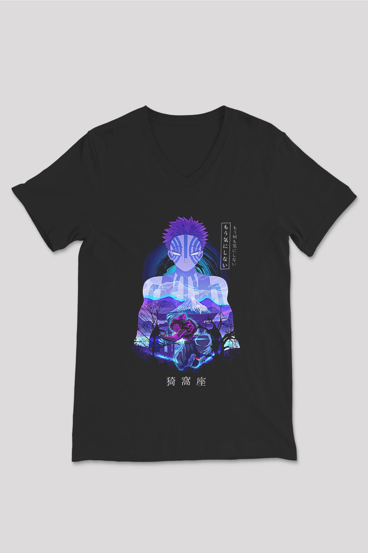 Demon Slayer Baskılı Unisex Siyah V Yaka Tişört - Tshirt