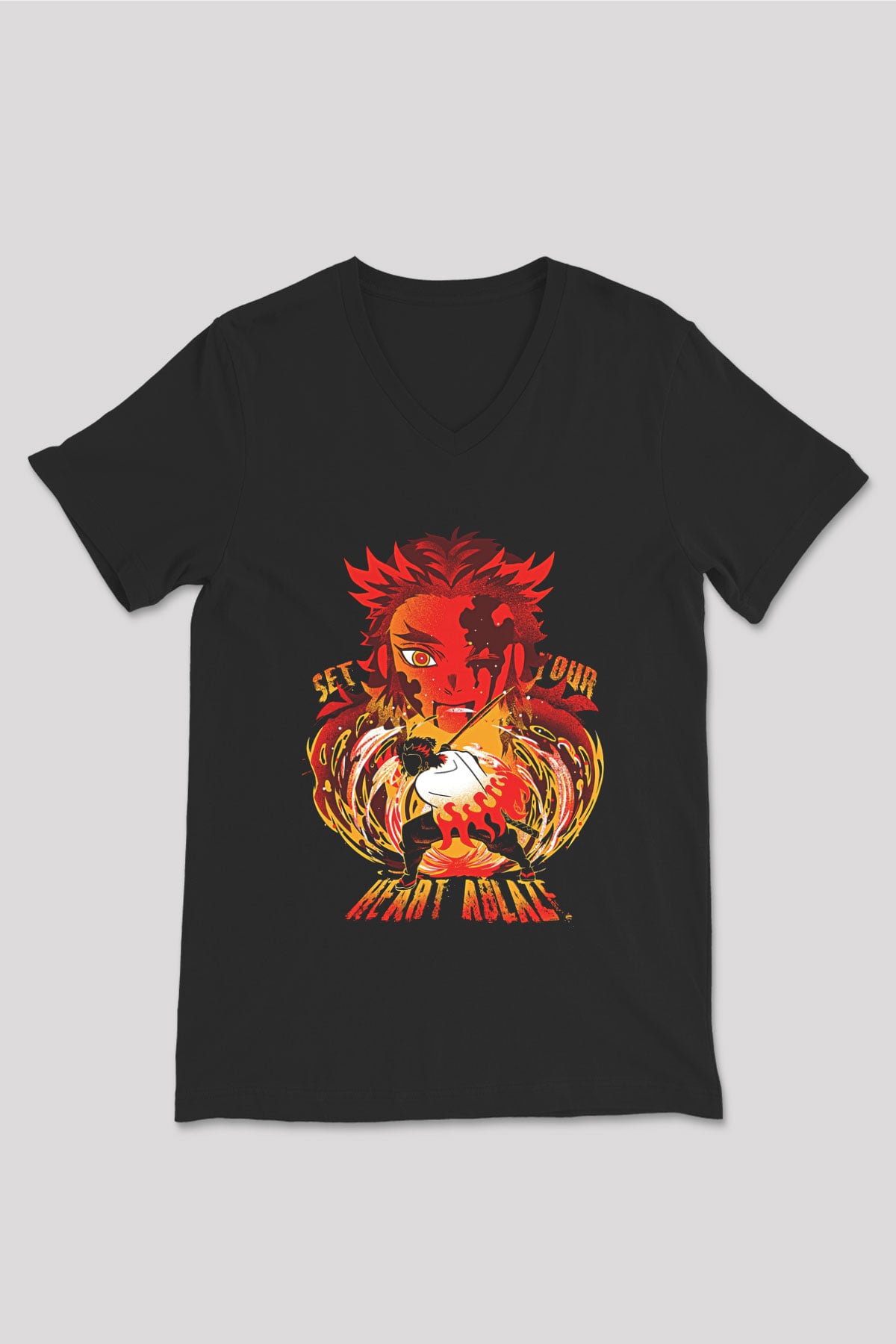 Demon Slayer Baskılı Unisex Siyah V Yaka Tişört - Tshirt