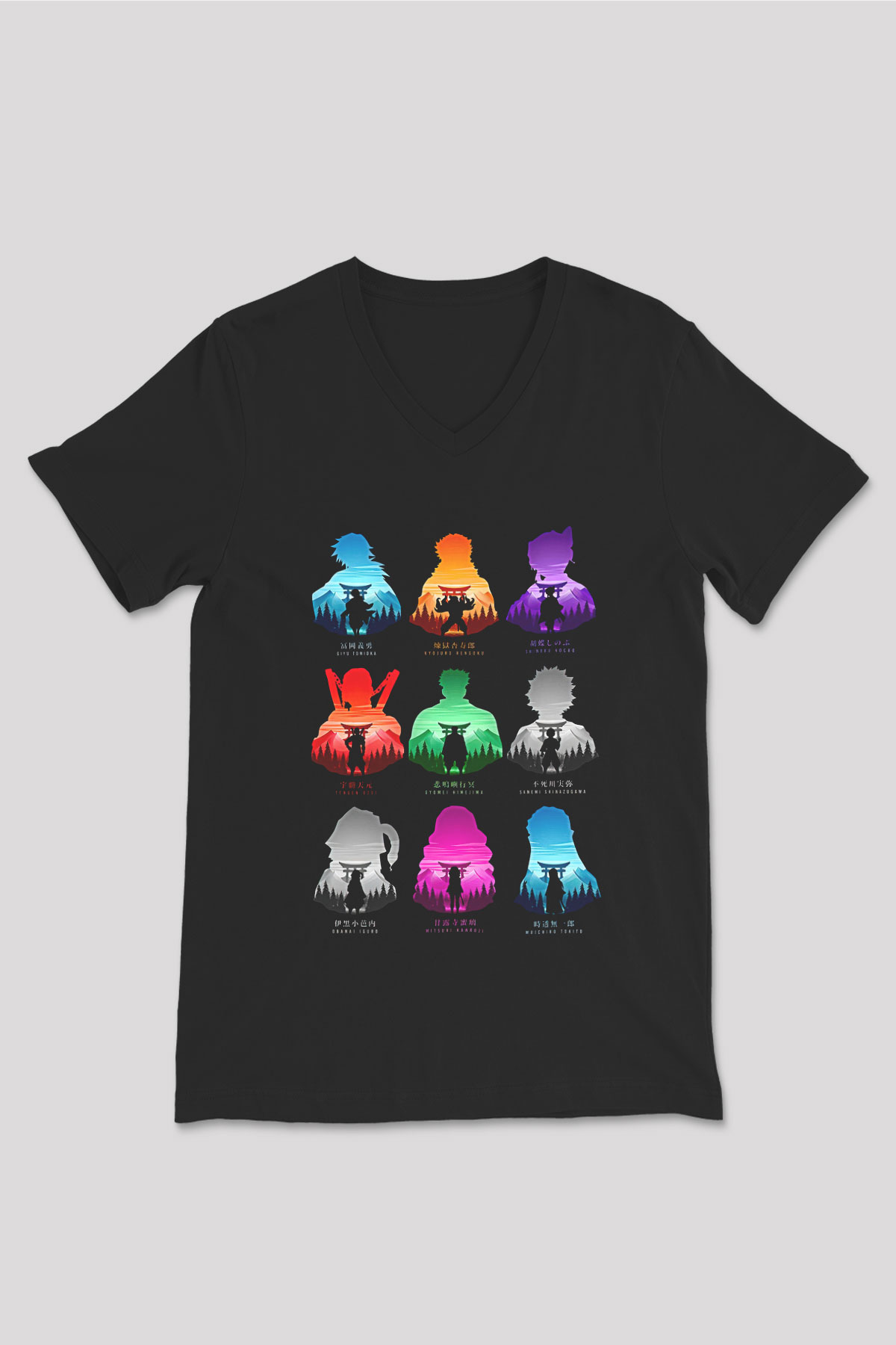 Demon Slayer Baskılı Unisex Siyah V Yaka Tişört - Tshirt