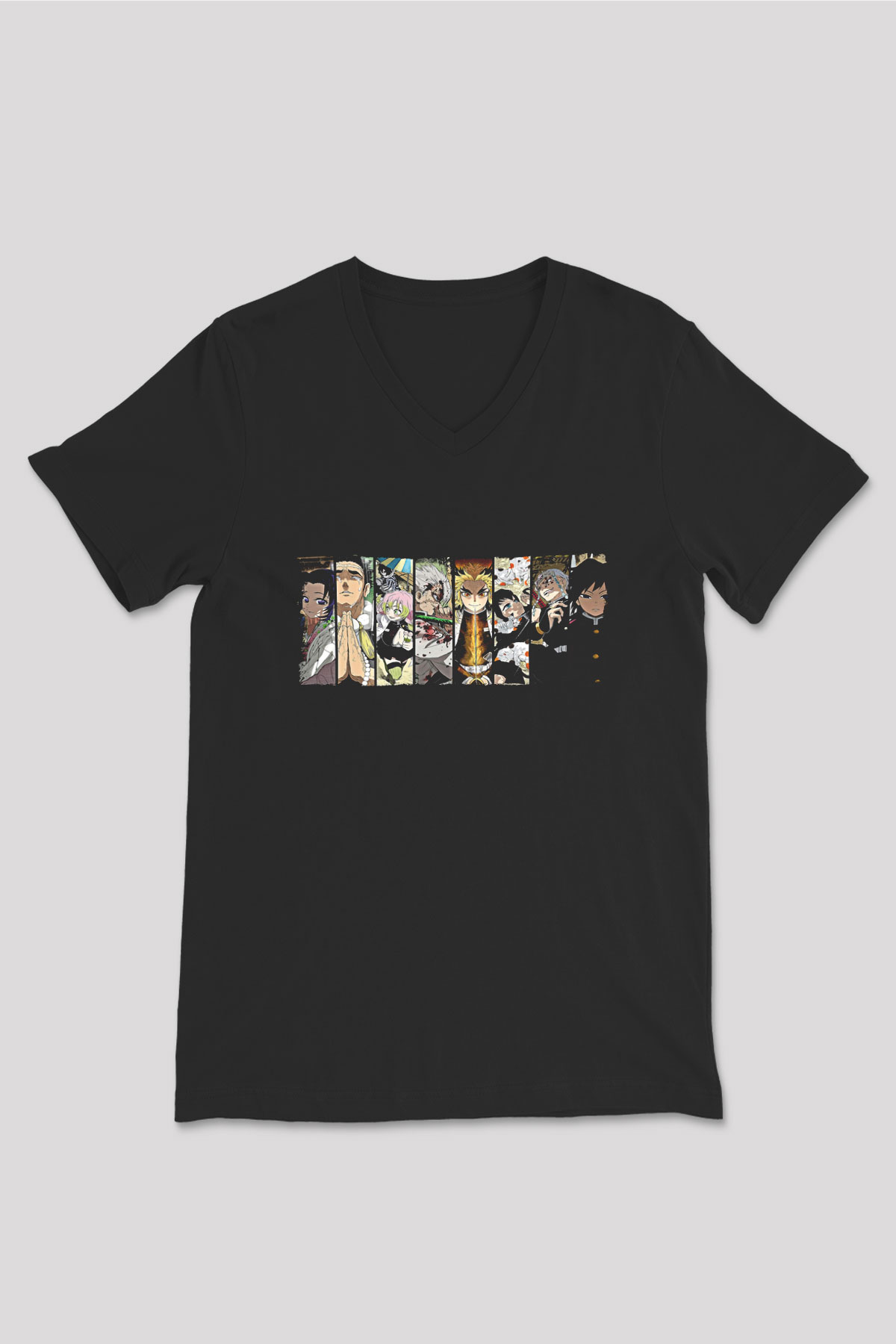 Demon Slayer Baskılı Unisex Siyah V Yaka Tişört - Tshirt