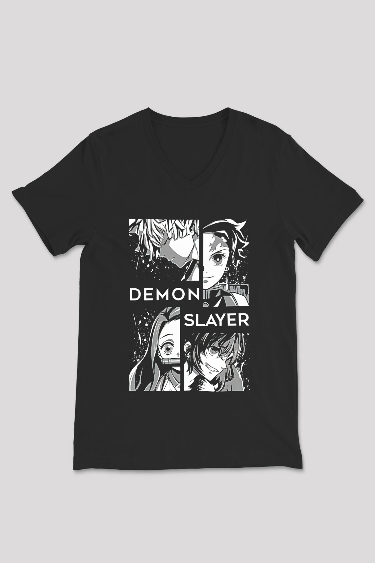 Demon Slayer Baskılı Unisex Siyah V Yaka Tişört - Tshirt