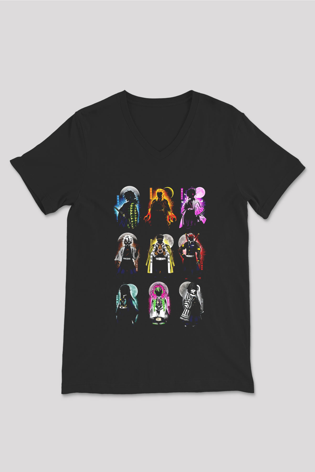 Demon Slayer Baskılı Unisex Siyah V Yaka Tişört - Tshirt