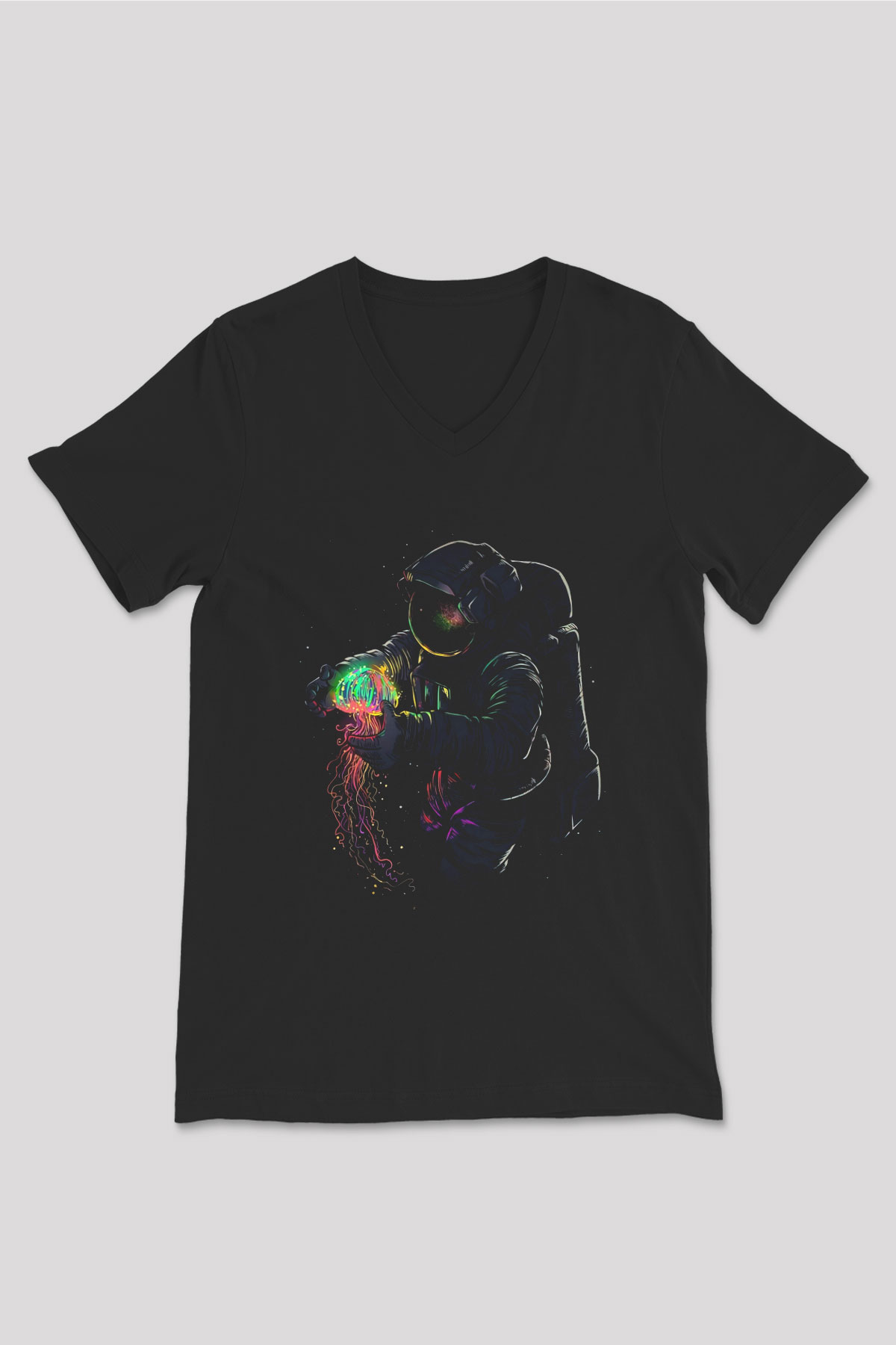 Deniz Altındaki Astronot Baskılı Unisex Siyah  V Yaka Tişört
