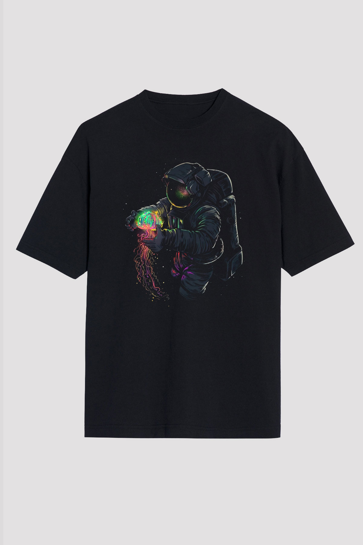 Deniz Altındaki Astronot Baskılı Unisex Siyah Tişört