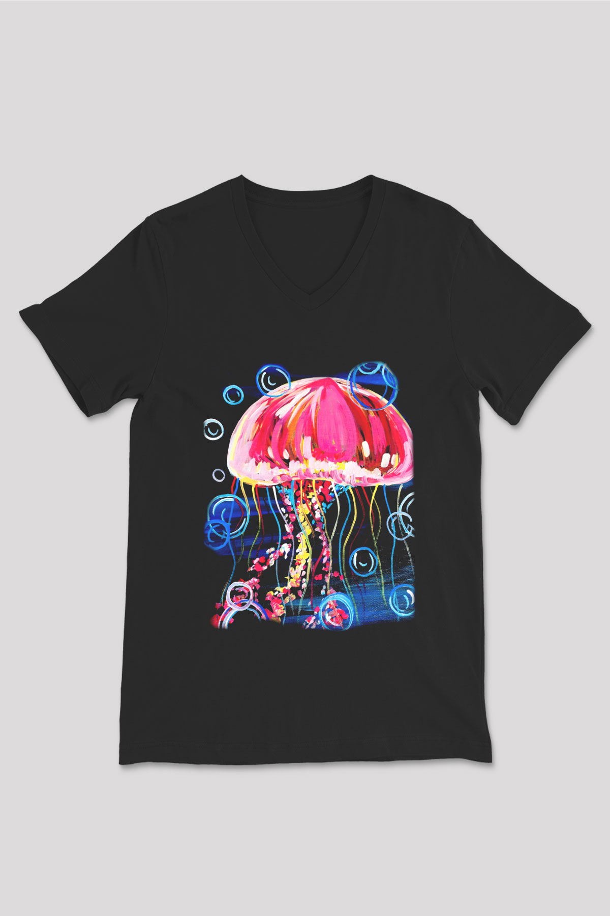 Deniz canlıları Siyah Unisex V Yaka Tişört T-Shirt