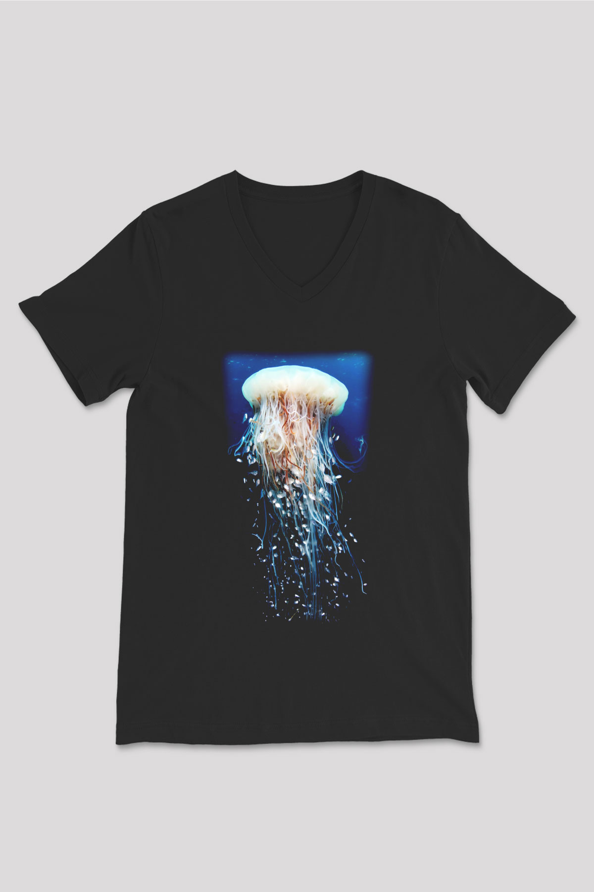 Deniz canlıları Siyah Unisex V Yaka Tişört T-Shirt