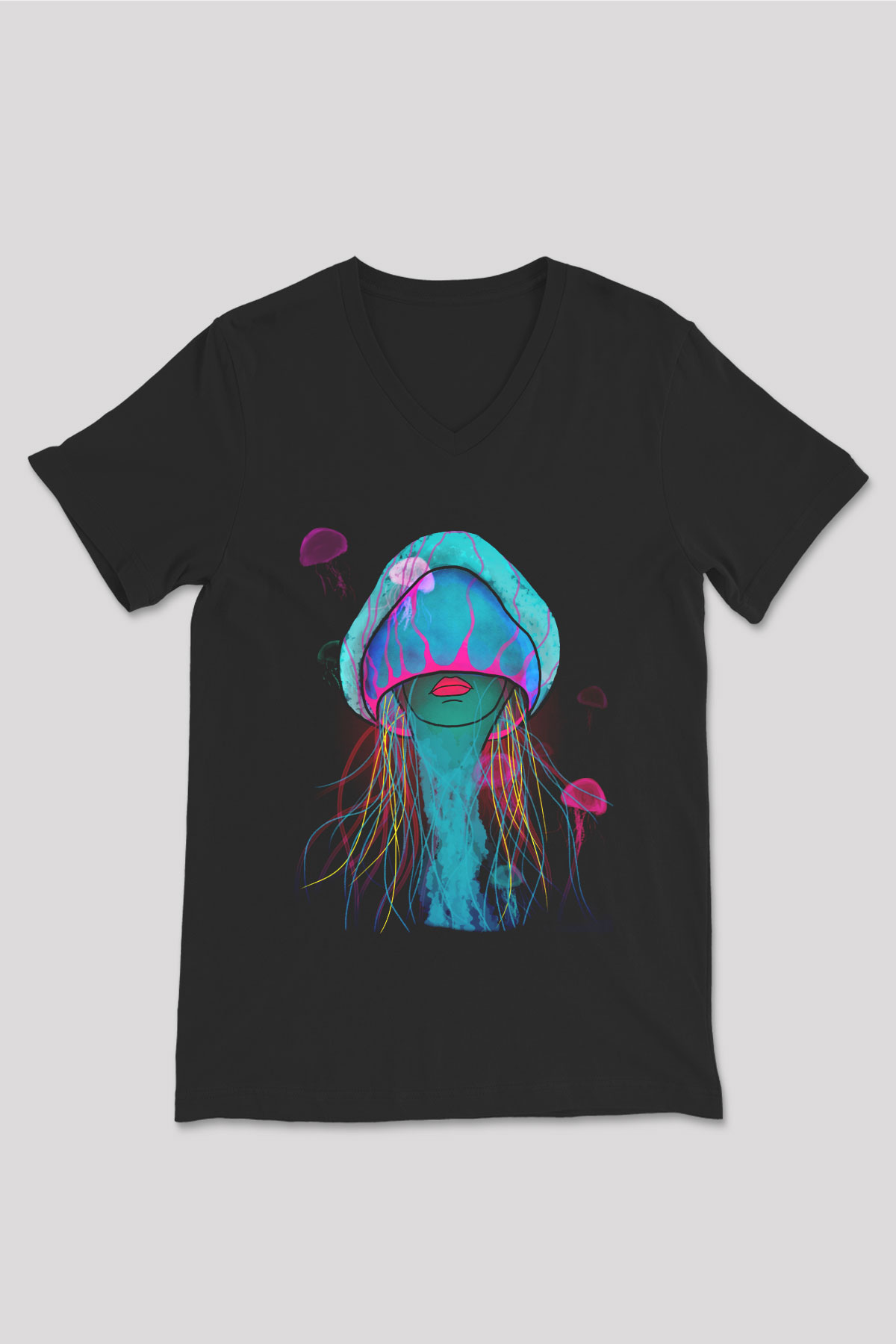 Deniz canlıları Siyah Unisex V Yaka Tişört T-Shirt