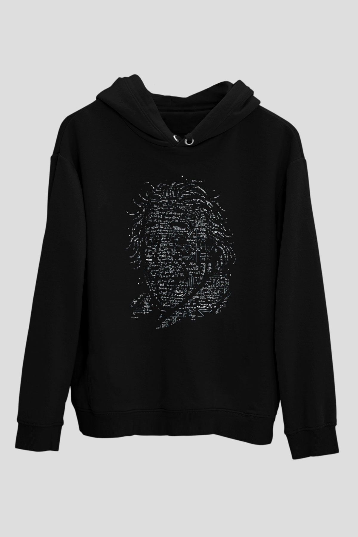 Denklemlerden Oluşan Einstein Silüeti Baskılı Unisex Siyah Hoodie
