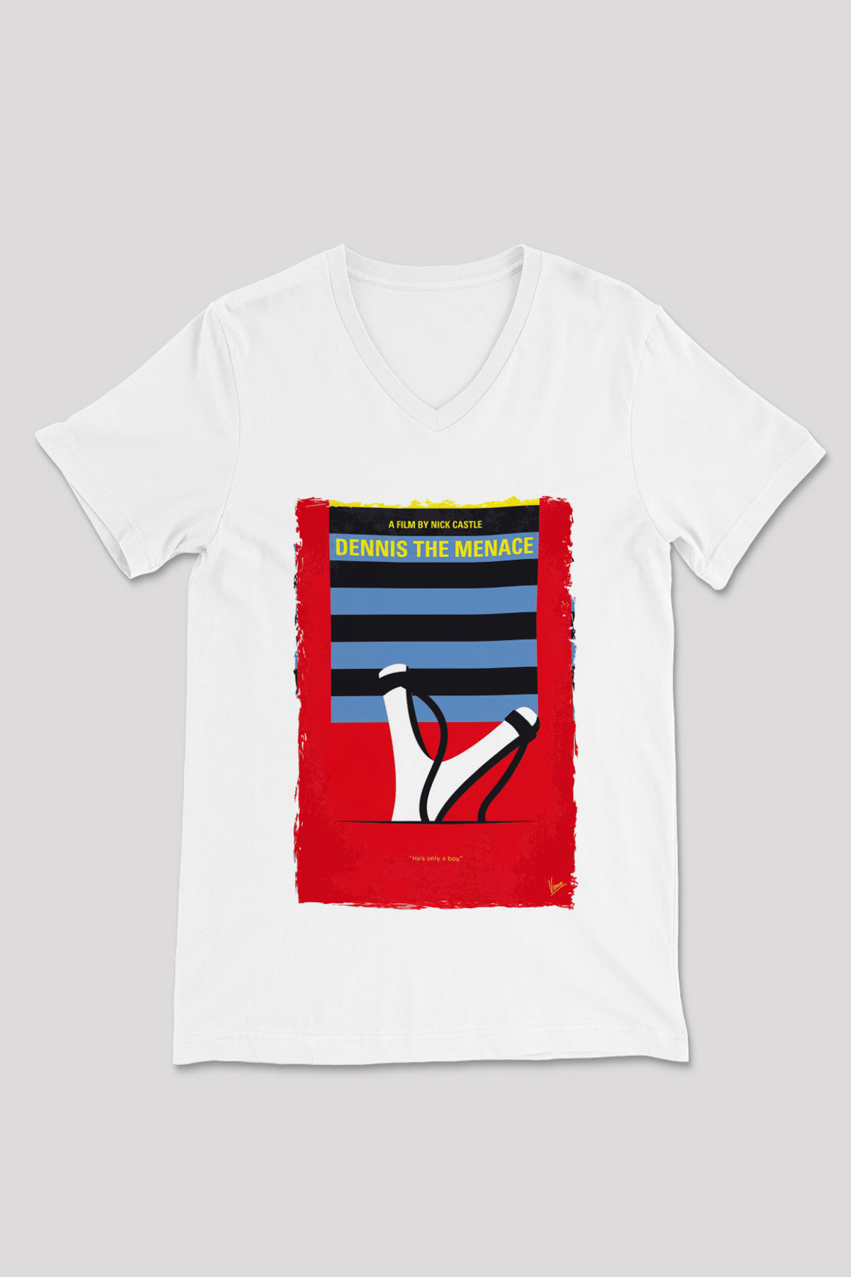 Dennis the Menace Beyaz Unisex V Yaka Tişört