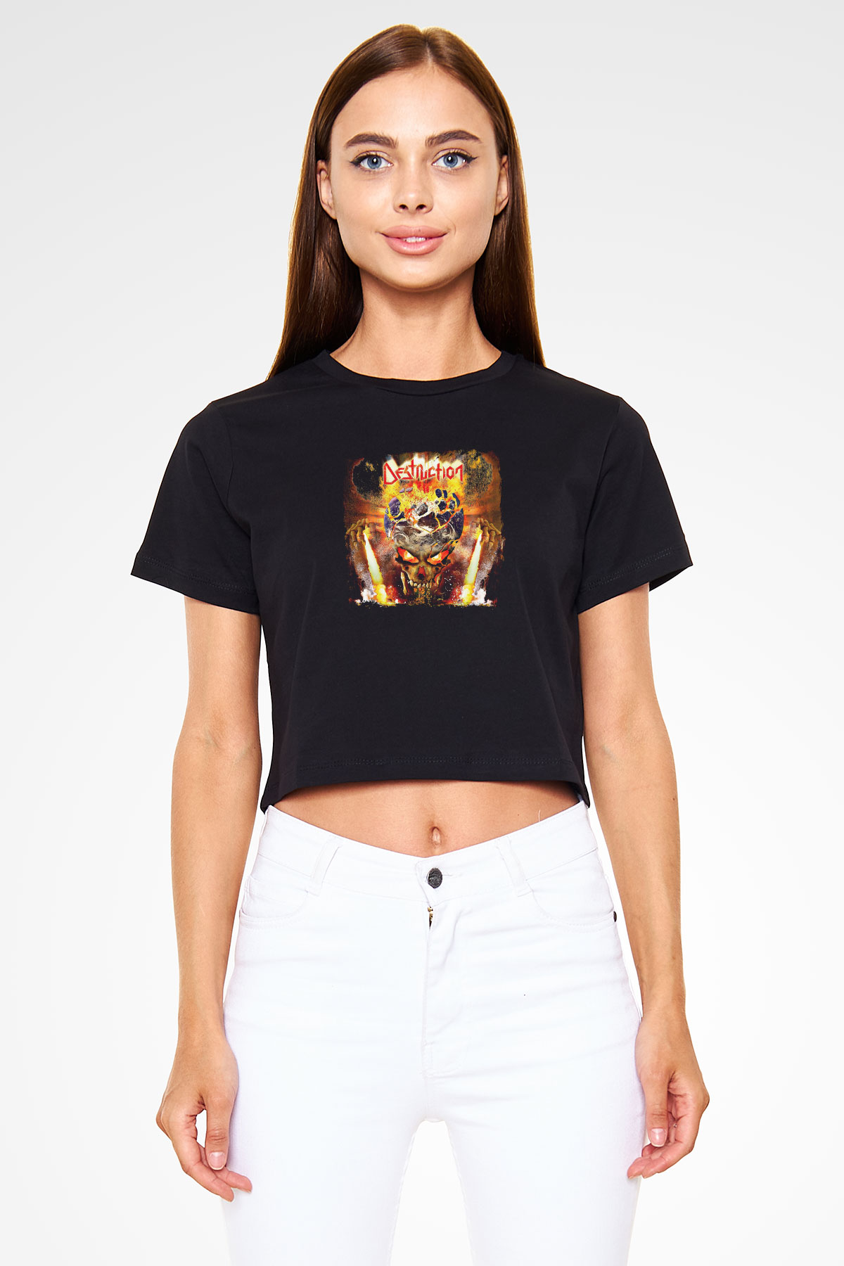 Destruction Baskılı Unisex Siyah Crop Top Tişört