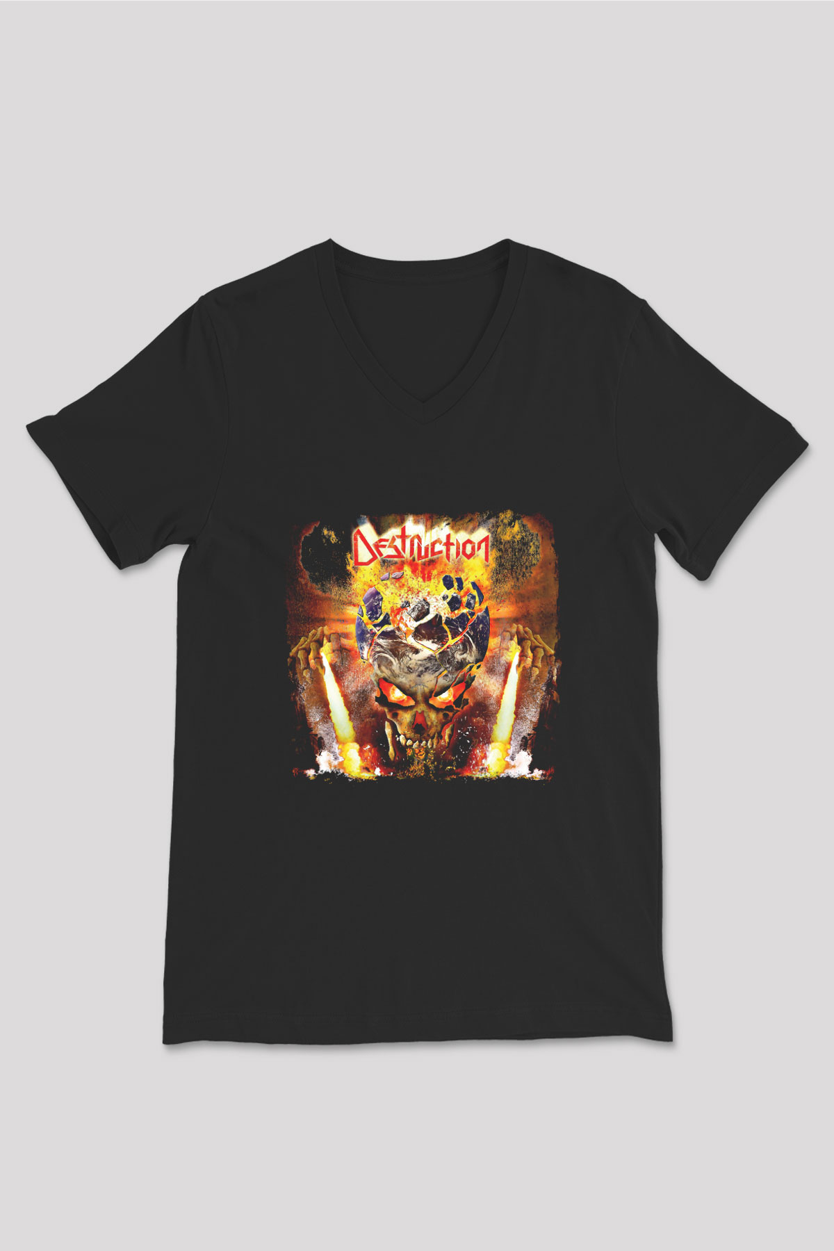 Destruction Baskılı Unisex Siyah V Yaka Tişört