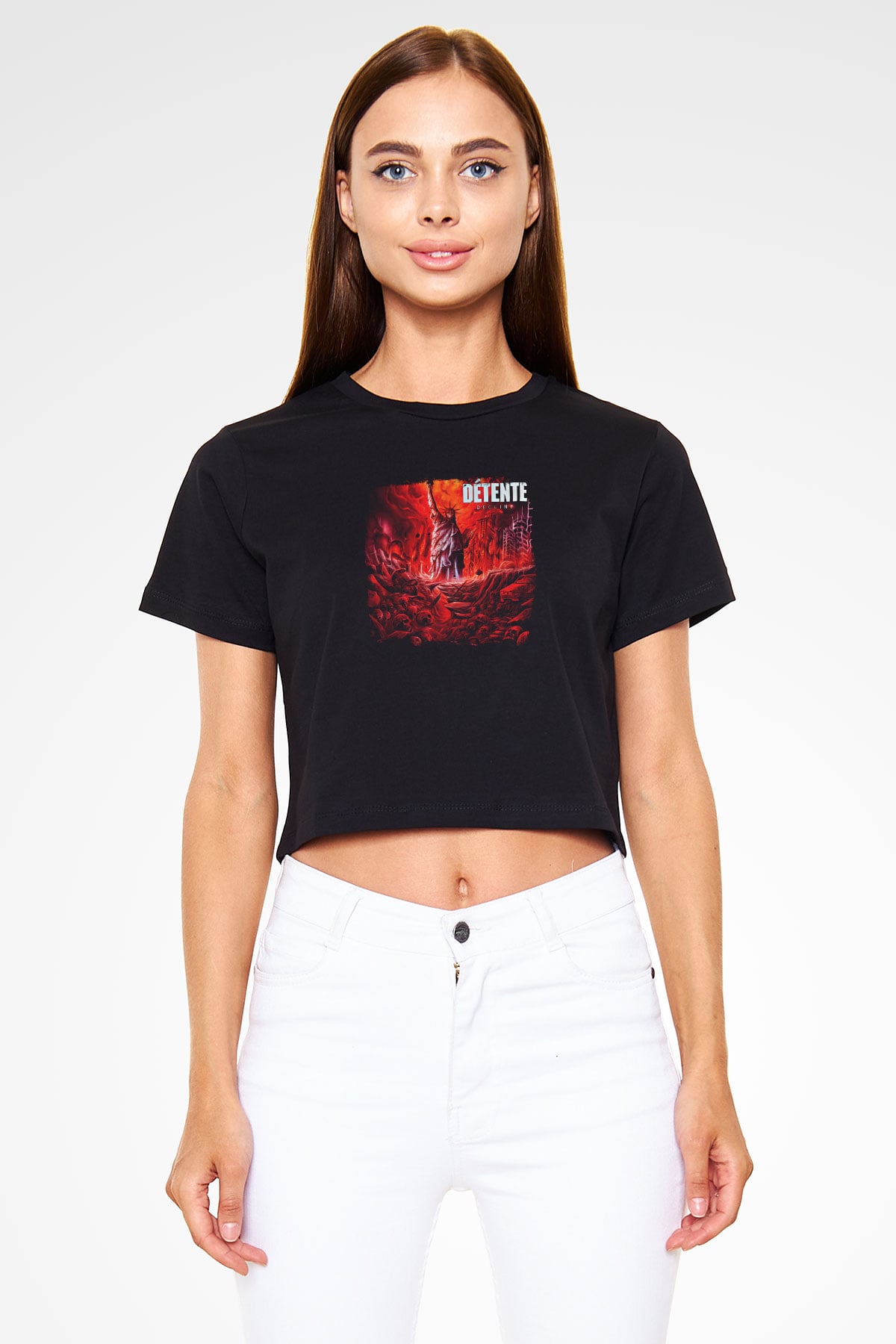 Detente Baskılı Unisex Siyah Crop Top Tişört