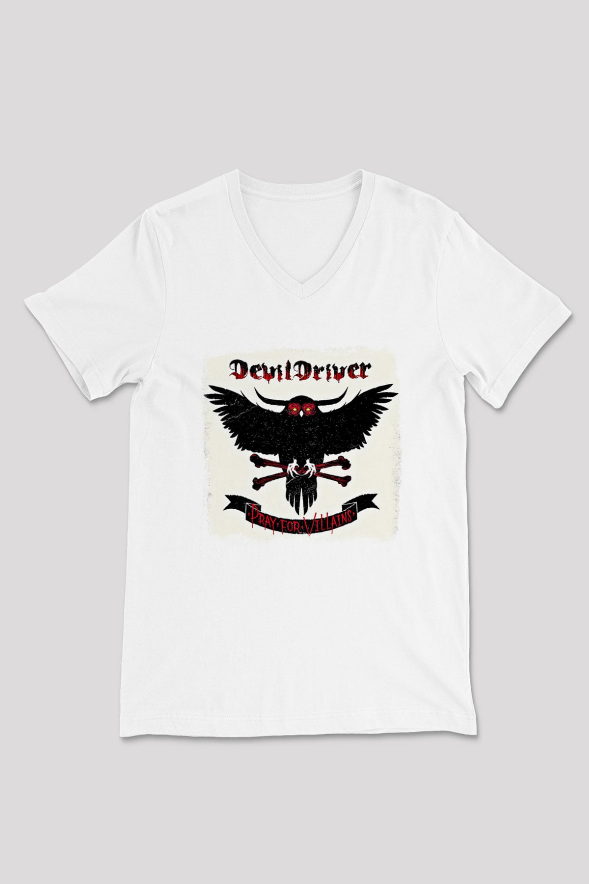 Devil Driver Baskılı Unisex Beyaz V Yaka Tişört