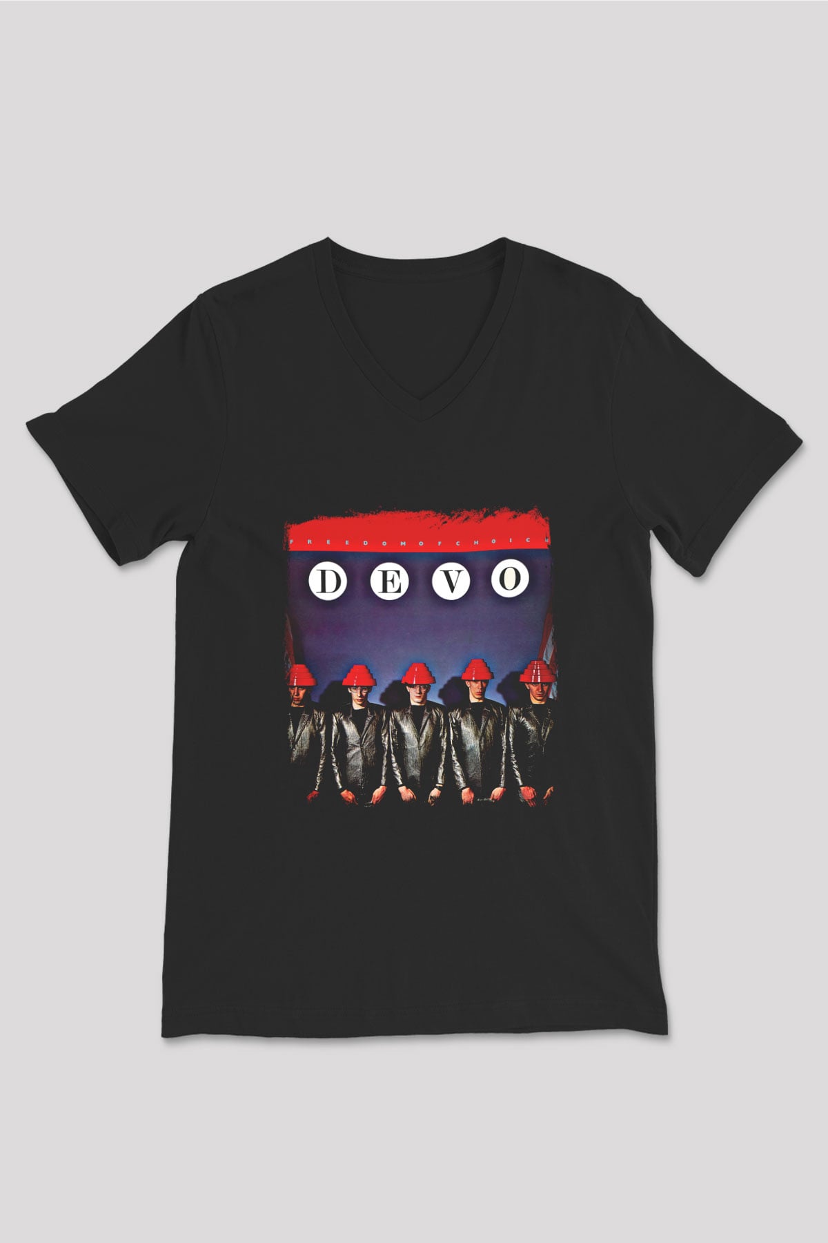 Devo Baskılı Unisex Siyah V Yaka Tişört