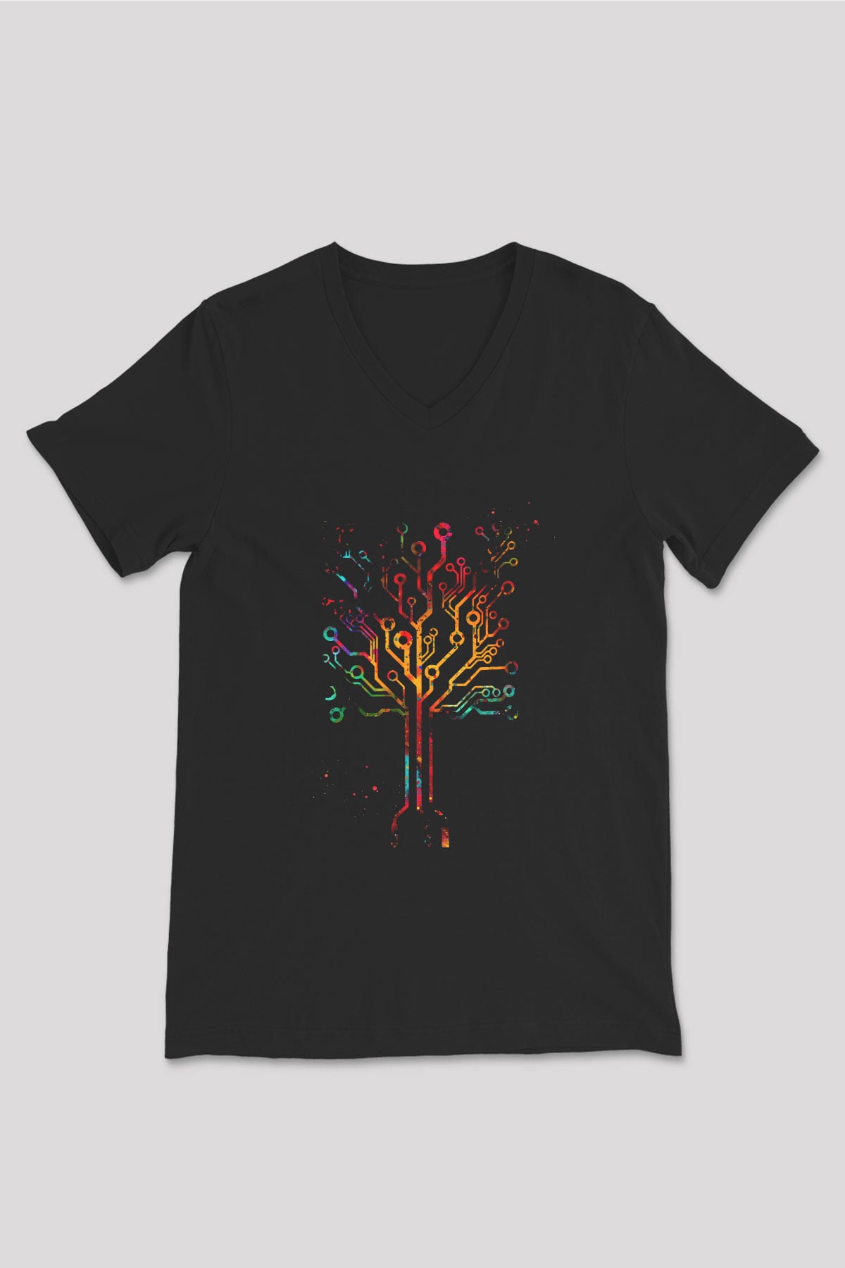 Devre Ağaç Baskılı Unisex V Yaka Siyah Tİşört - Tshirt