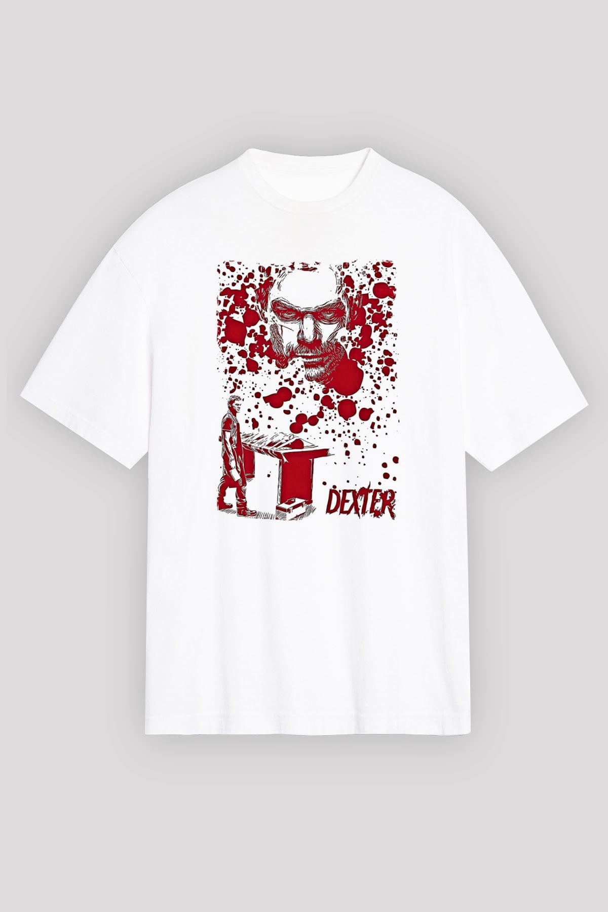 Dexter Baskılı Beyaz Unisex Oversize Tişört - Tshirt