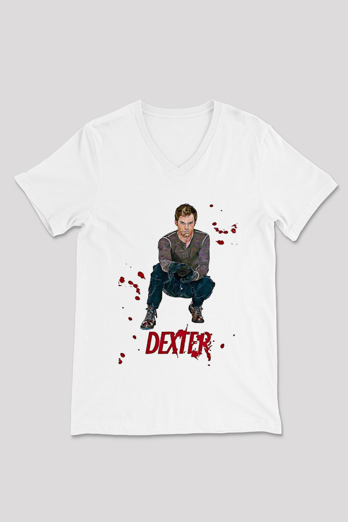 Dexter Baskılı Beyaz Unisex V Yaka Tişört - Tshirt
