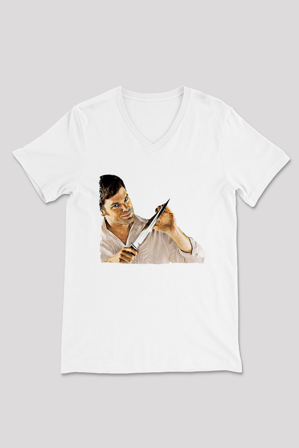 Dexter Baskılı Beyaz Unisex V Yaka Tişört - Tshirt